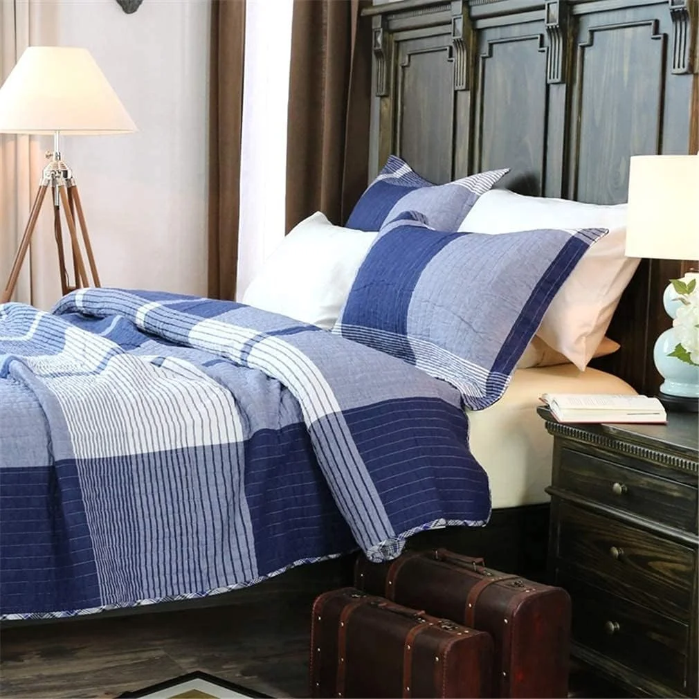 روتختی تکه دوزی شده طرح قدیمی، آبی سفید چهارخانه، روتختی و رومیزی پنبه ای سایز کینگ مناسب تخت دونفره، 3 تکه