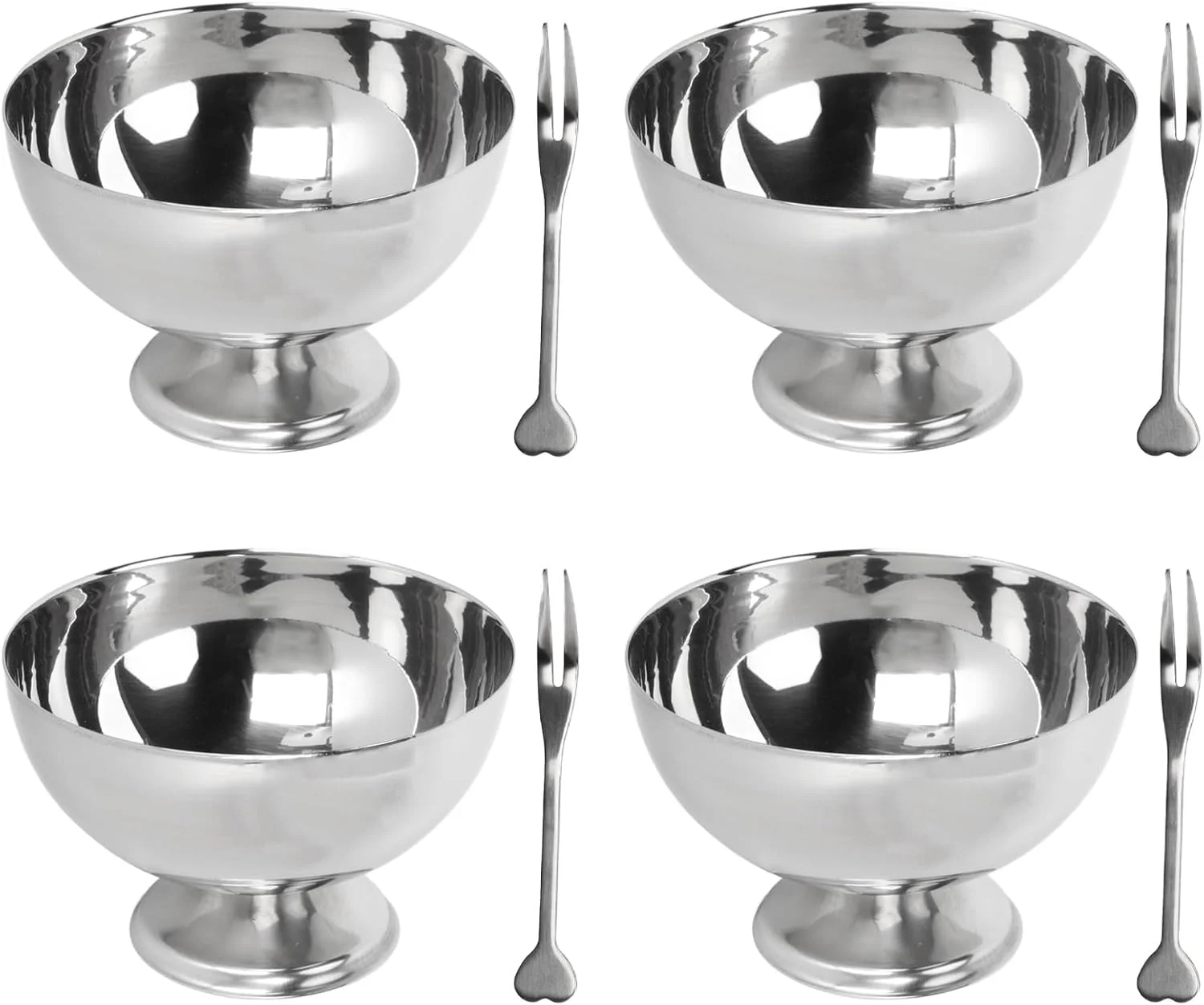 کاسه دسر استیل سیریسورا، 4 تکه، چند منظوره، مقاوم در برابر افتادن، مناسب برای هتل ها و رستوران ها به همراه چنگال