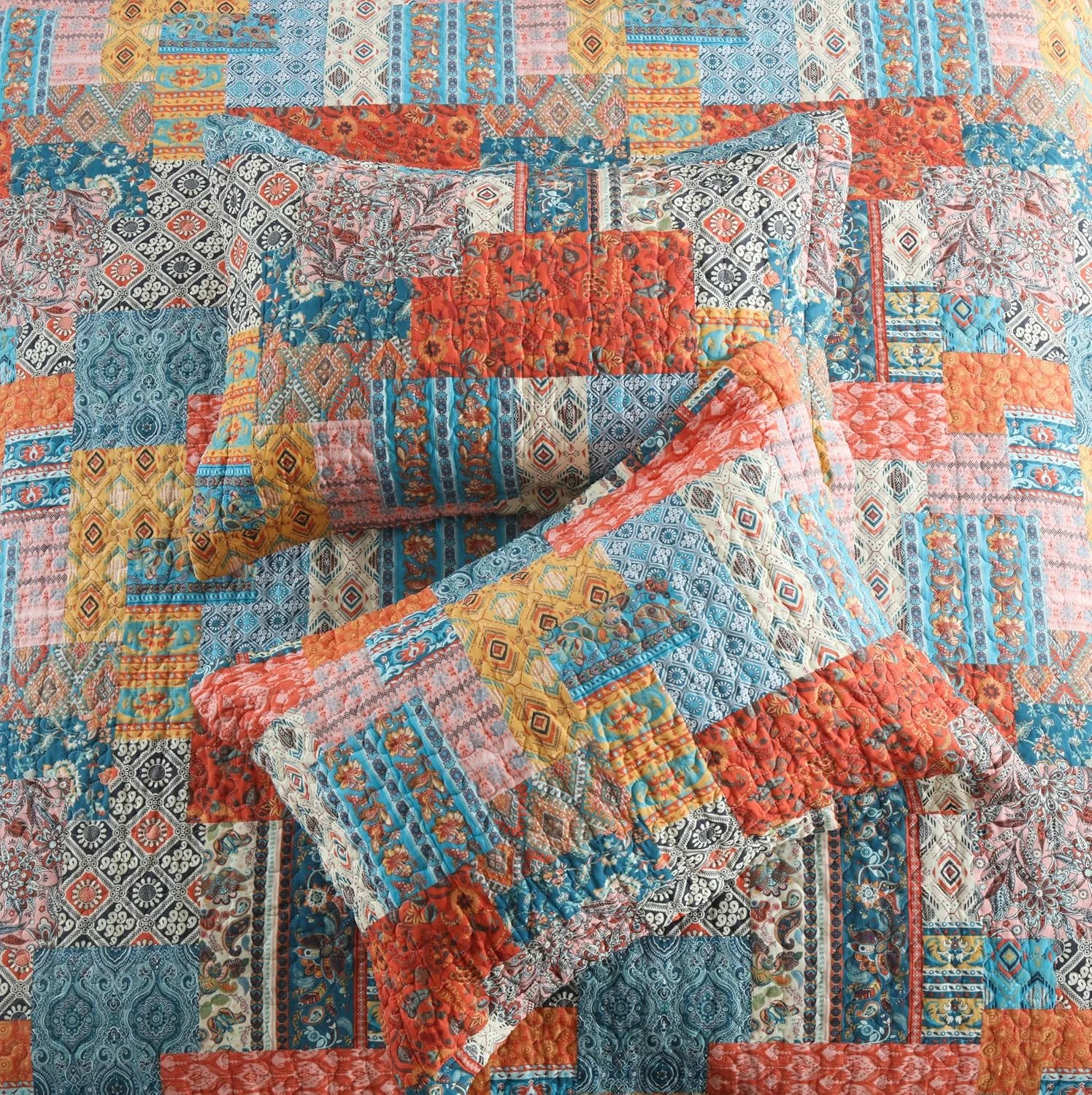 ست روتختی پنبه ای VISIMISI، ست لحاف روتختی دو رو، لحاف طرح قدیمی بوهمی، نارنجی، سایز کینگ