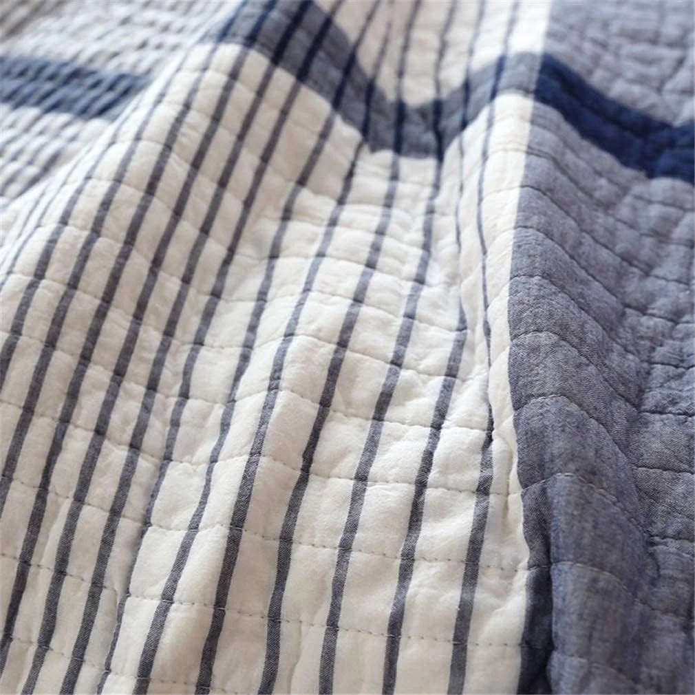 روتختی تکه دوزی شده طرح قدیمی، آبی سفید چهارخانه، روتختی و رومیزی پنبه ای سایز کینگ مناسب تخت دونفره، 3 تکه