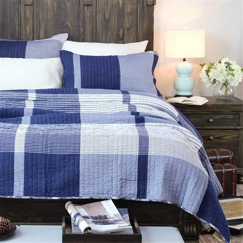 روتختی تکه دوزی شده طرح قدیمی، آبی سفید چهارخانه، روتختی و رومیزی پنبه ای سایز کینگ مناسب تخت دونفره، 3 تکه