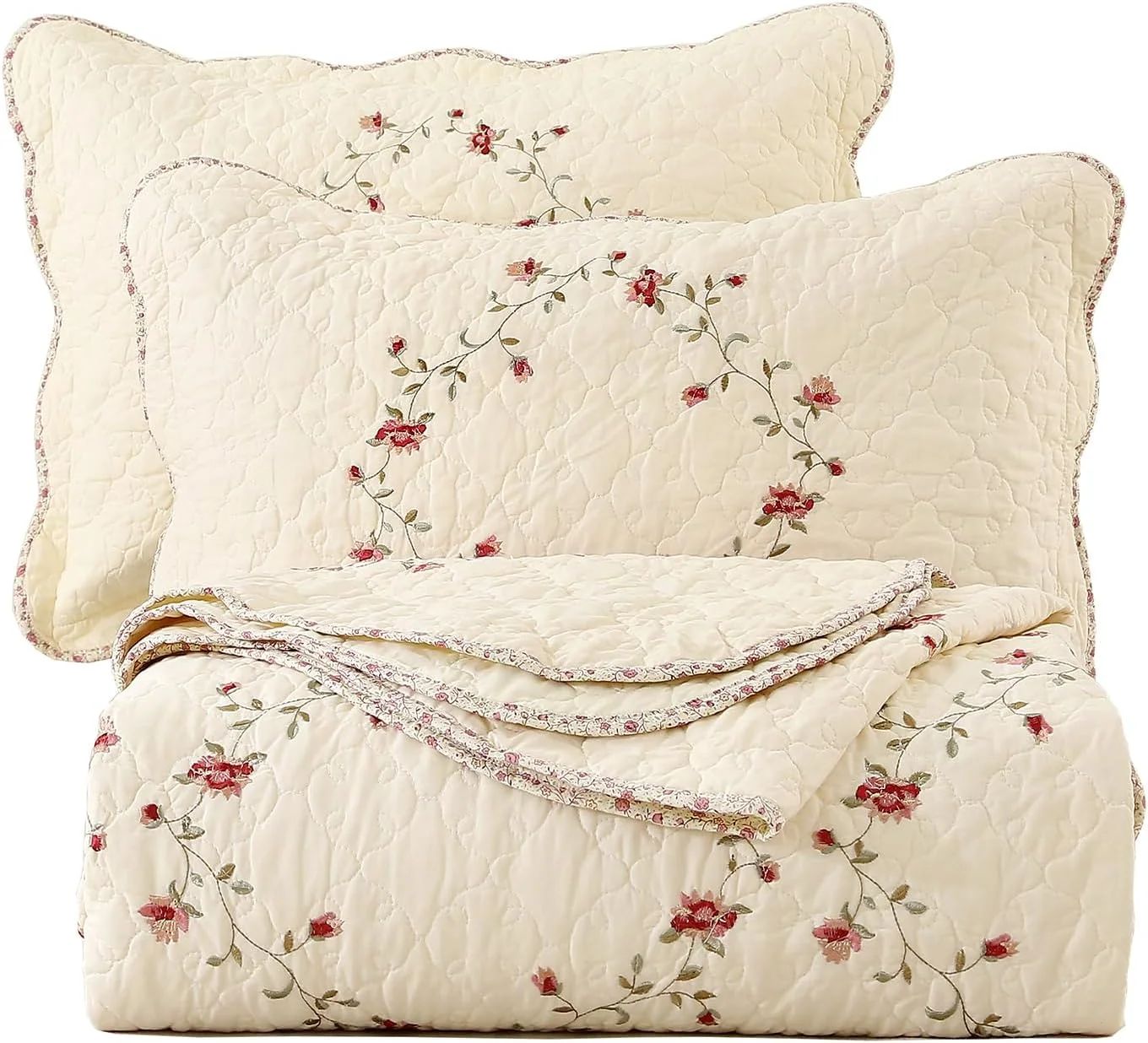 ست روتختی سه تکه گلدوزی شده گلدار کریسمس vctops سایز کینگ، 100% پنبه، طرح تکه دوزی دو رو، شامل 1 لحاف و 2 روبالشی (گلدار، کینگ)