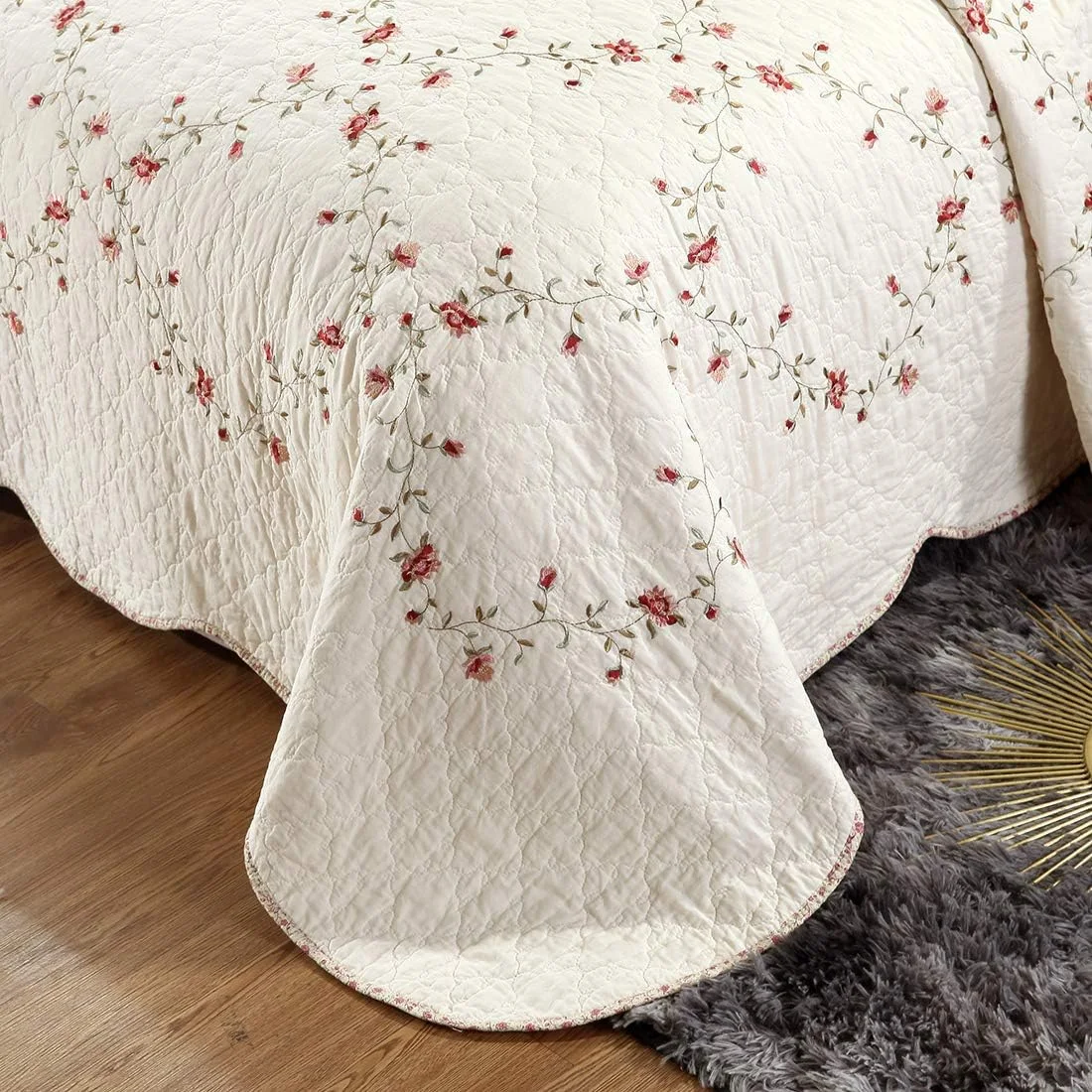 ست روتختی سه تکه گلدوزی شده گلدار کریسمس vctops سایز کینگ، 100% پنبه، طرح تکه دوزی دو رو، شامل 1 لحاف و 2 روبالشی (گلدار، کینگ)