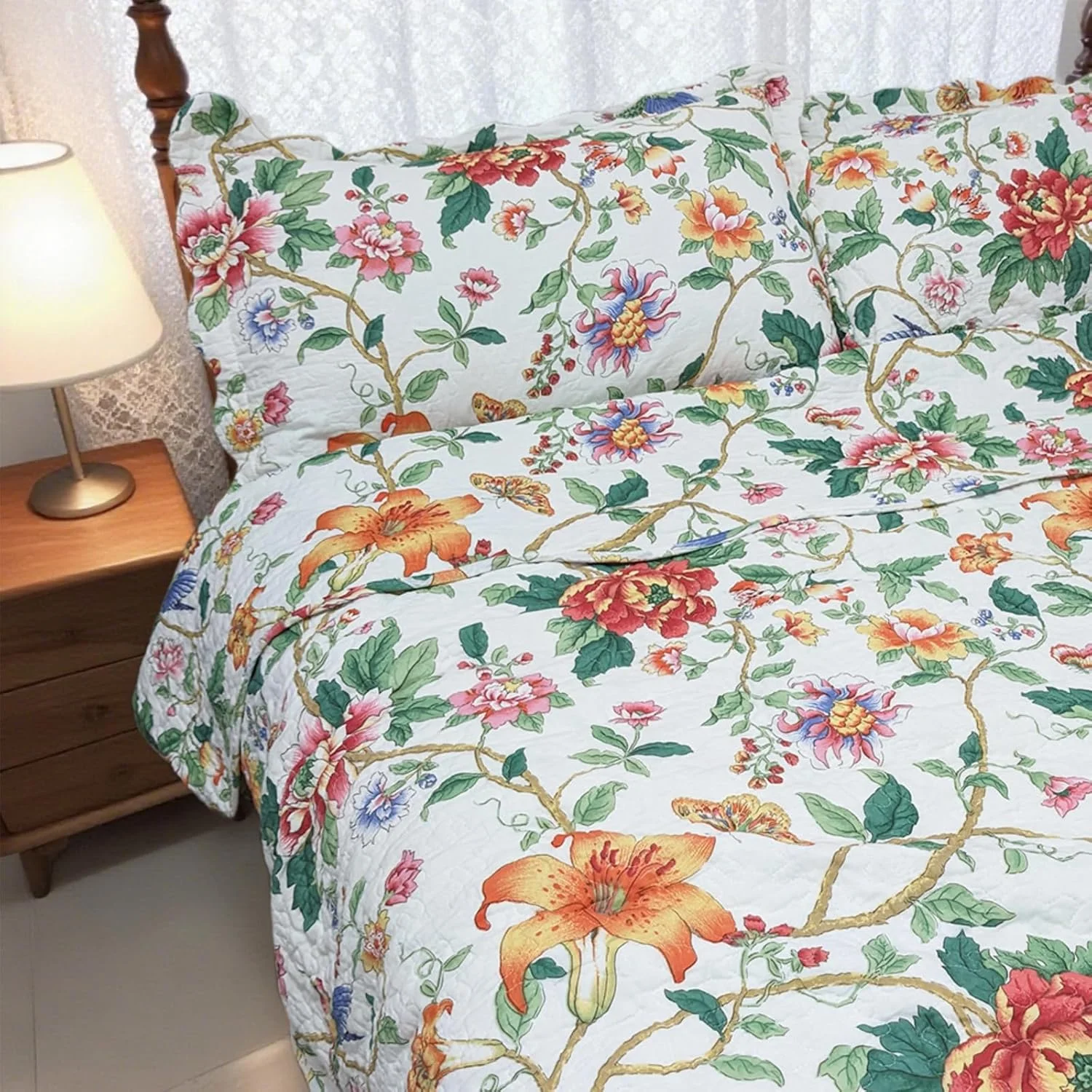 روتختی لحاف دوزی شده طرح گل و پرنده یوستاید مناسب تخت کینگ، ست کاور لحاف 3 تکه