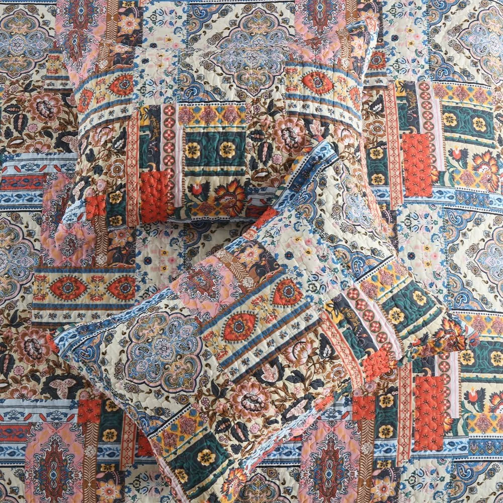 رو تختی پنبه ای VISIMISI طرح گل قهوه ای، مناسب تخت دو نفره، سایز 220x240 سانتی متر به همراه 2 روبالشتی، سبک بوهمی