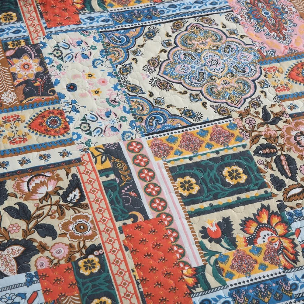 رو تختی پنبه ای VISIMISI طرح گل قهوه ای، مناسب تخت دو نفره، سایز 220x240 سانتی متر به همراه 2 روبالشتی، سبک بوهمی