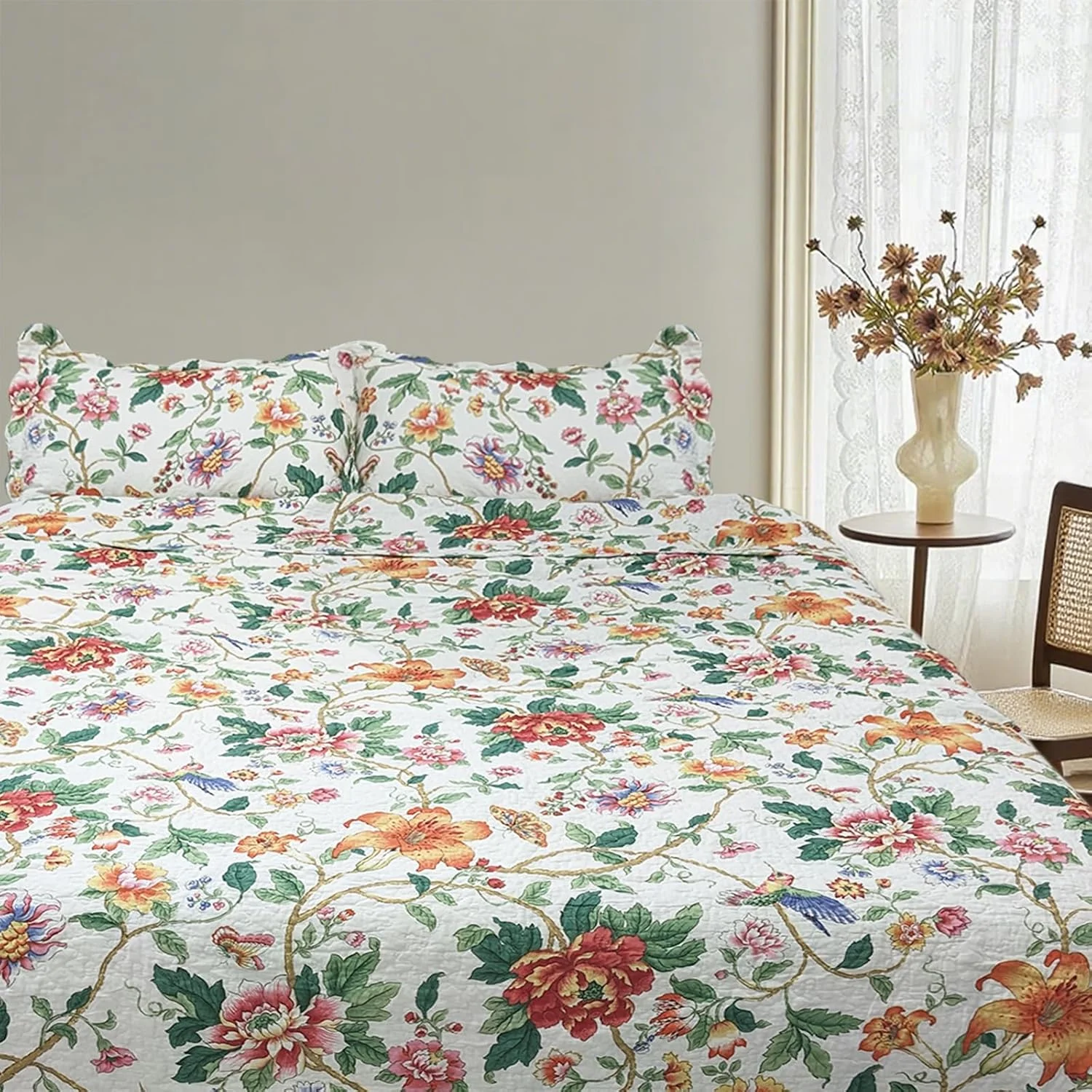 روتختی لحاف دوزی شده طرح گل و پرنده یوستاید مناسب تخت کینگ، ست کاور لحاف 3 تکه