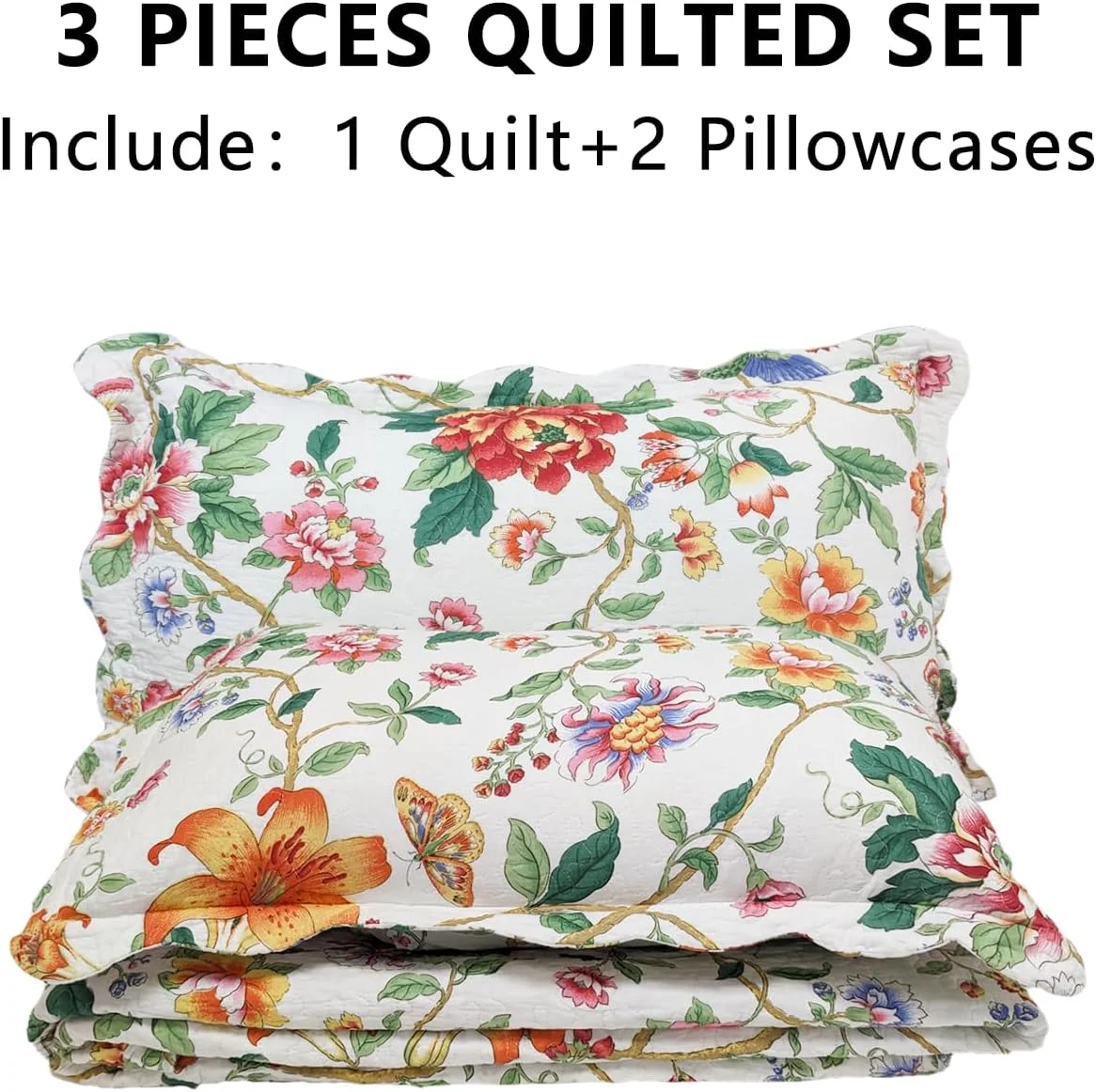 روتختی لحاف دوزی شده طرح گل و پرنده یوستاید مناسب تخت کینگ، ست کاور لحاف 3 تکه