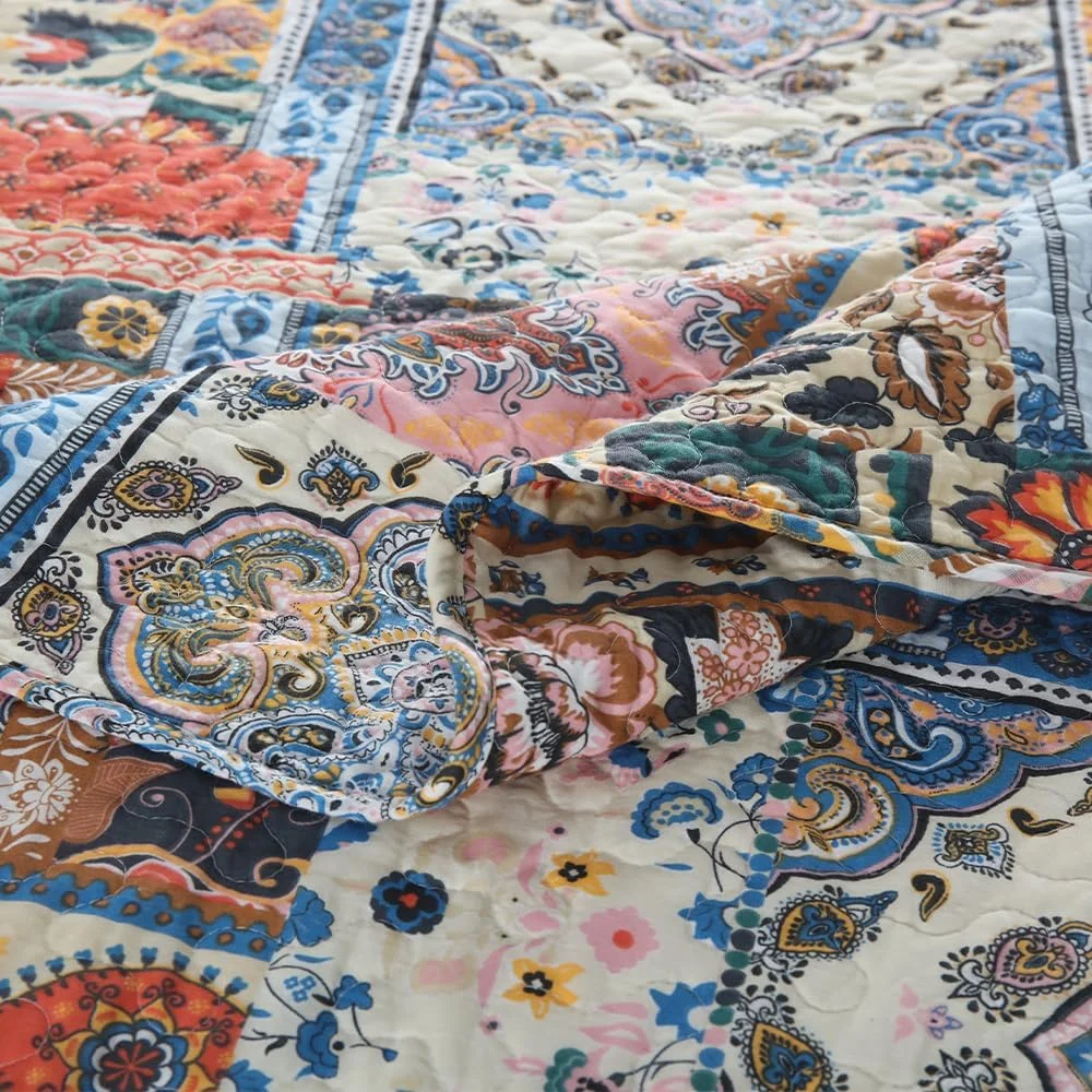 رو تختی پنبه ای VISIMISI طرح گل قهوه ای، مناسب تخت دو نفره، سایز 220x240 سانتی متر به همراه 2 روبالشتی، سبک بوهمی