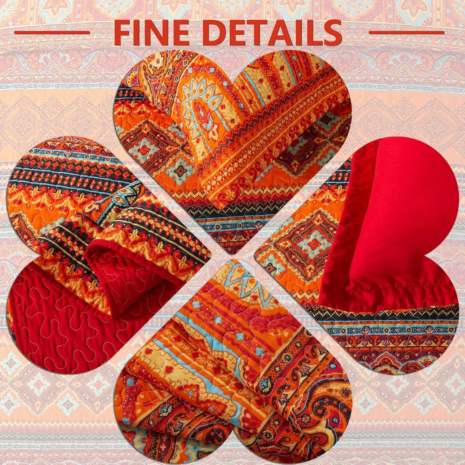 ست روتختی پنبه ای VAPUTAR سایز کوئین - ست روتختی کوئین 3 تکه، روتختی کوئین طرح بوهو، لحاف روتختی سبک وزن دو طرفه برای اتاق خواب خانه روستایی (قرمز/نارنجی)