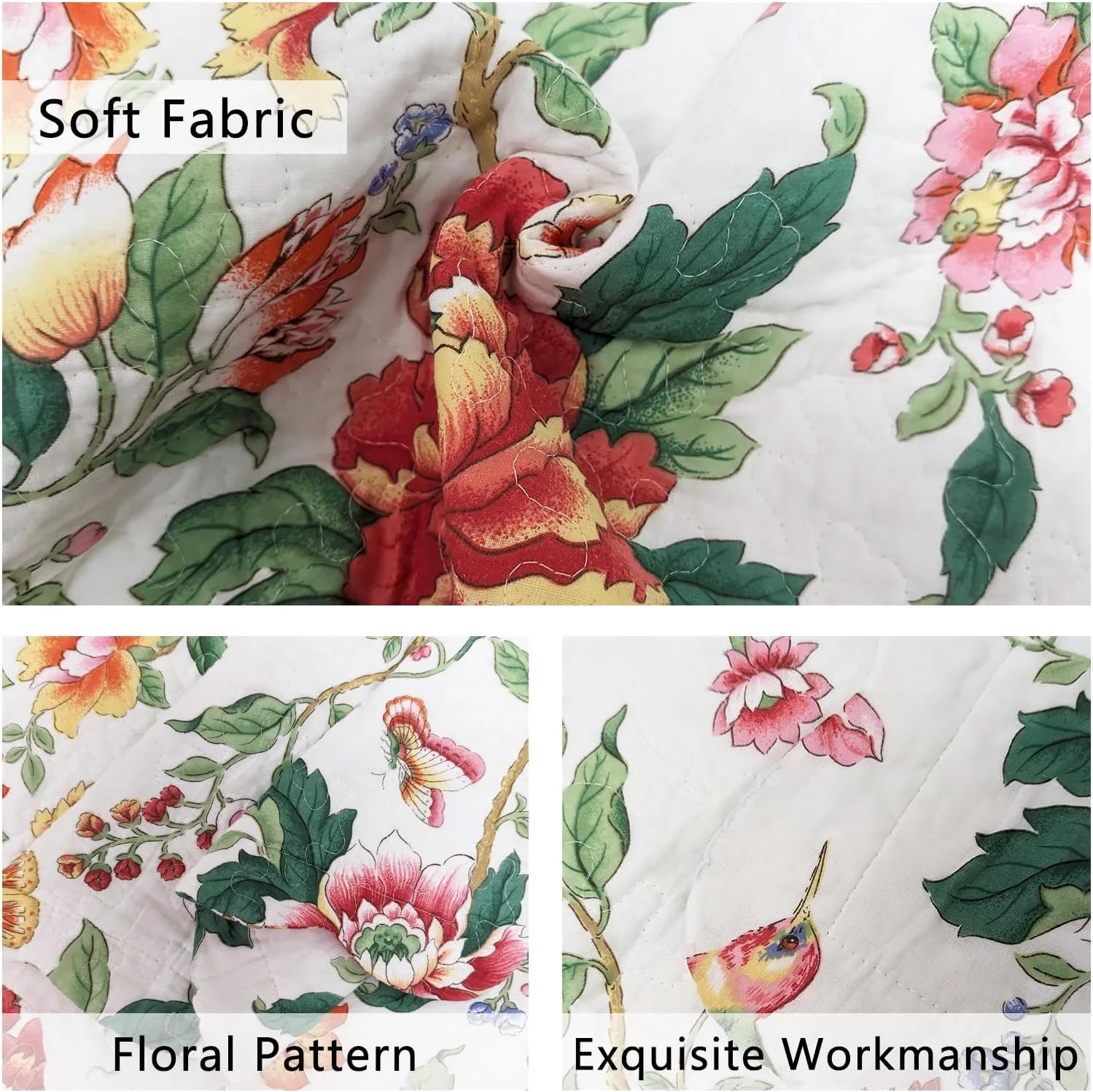 روتختی لحاف دوزی شده طرح گل و پرنده یوستاید مناسب تخت کینگ، ست کاور لحاف 3 تکه