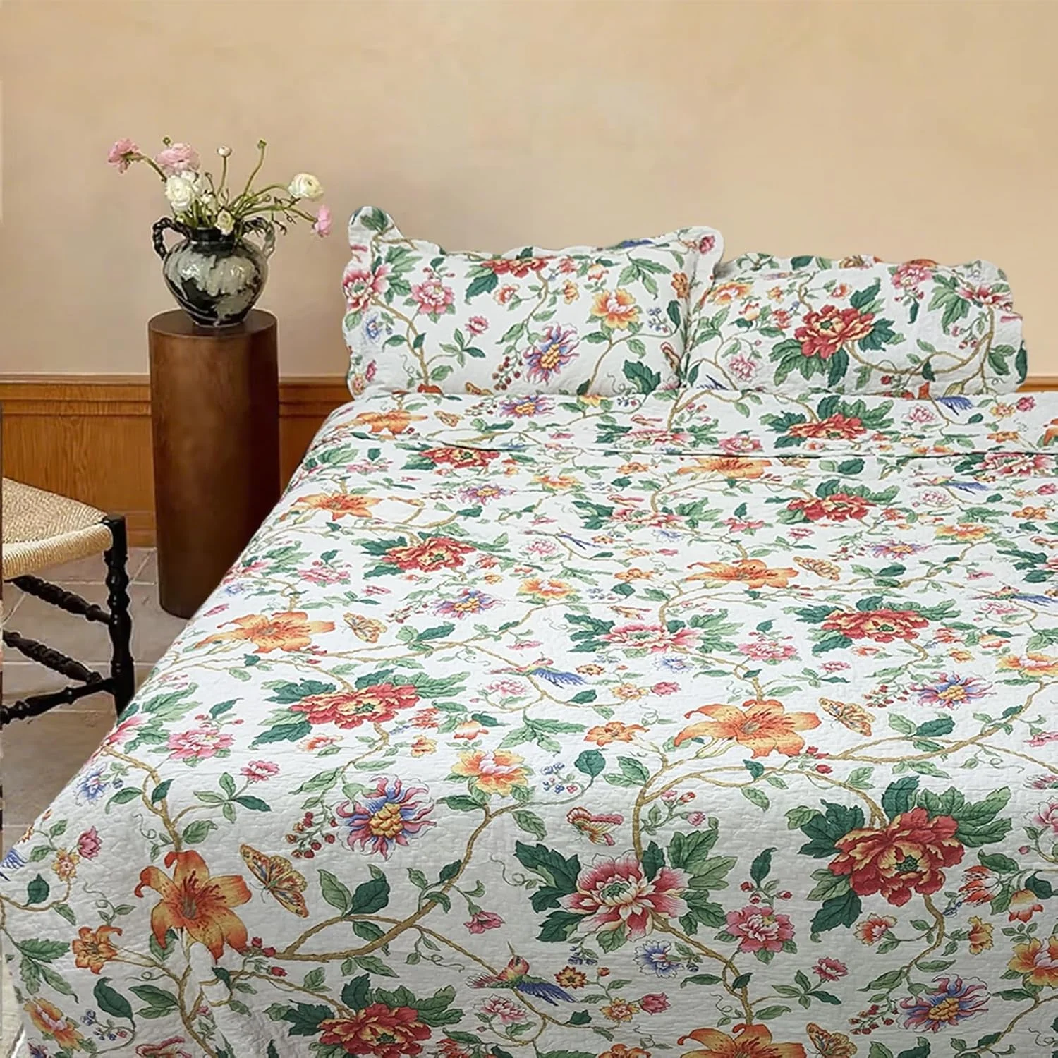 روتختی لحاف دوزی شده طرح گل و پرنده یوستاید مناسب تخت کینگ، ست کاور لحاف 3 تکه