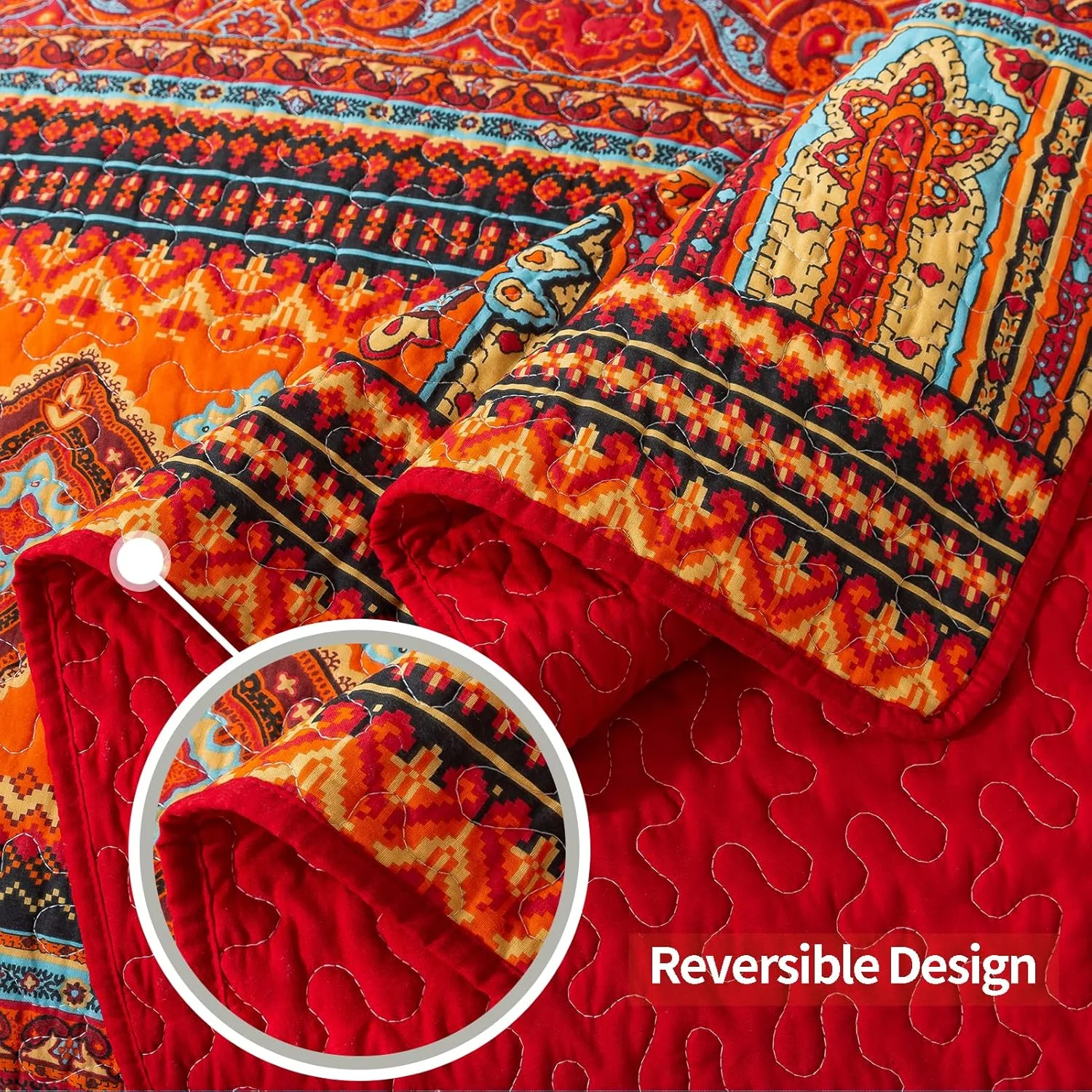 ست روتختی پنبه ای VAPUTAR سایز کوئین - ست روتختی کوئین 3 تکه، روتختی کوئین طرح بوهو، لحاف روتختی سبک وزن دو طرفه برای اتاق خواب خانه روستایی (قرمز/نارنجی)