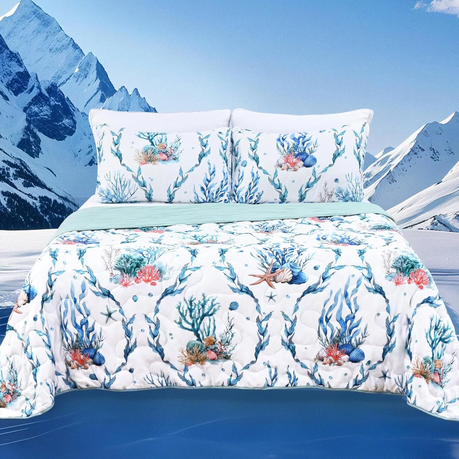 ست روتختی خنک کننده یو اسپرینگ، سایز کوئین، پر شده با الیاف سویا، ست ملحفه 3 تکه، لحاف خنک برای افراد گرمایی، لحاف تابستانی نرم و سبک و قابل تنفس، طرح ساحلی (آبی، 228 در 228 سانتی متر)