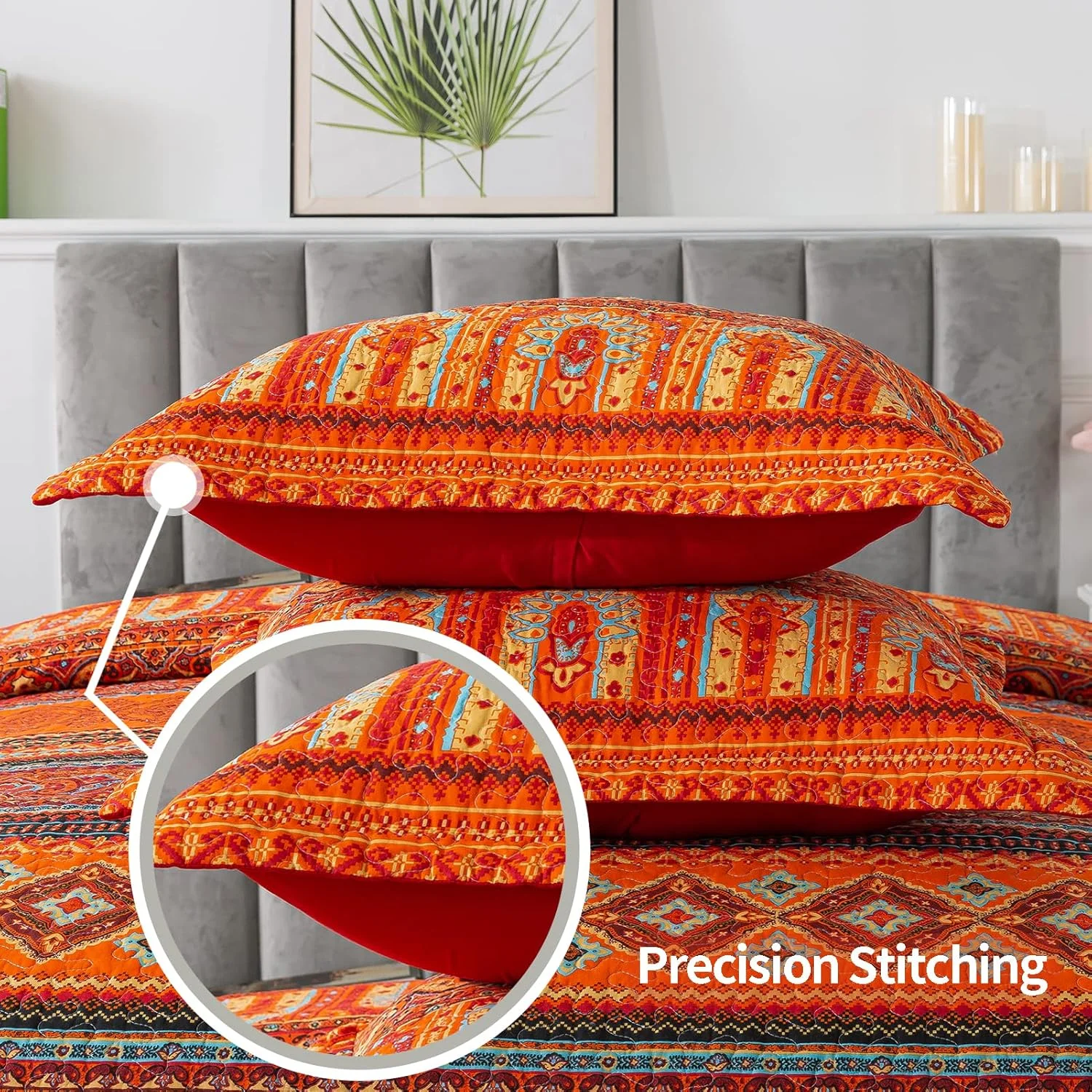 ست روتختی پنبه ای VAPUTAR سایز کوئین - ست روتختی کوئین 3 تکه، روتختی کوئین طرح بوهو، لحاف روتختی سبک وزن دو طرفه برای اتاق خواب خانه روستایی (قرمز/نارنجی)