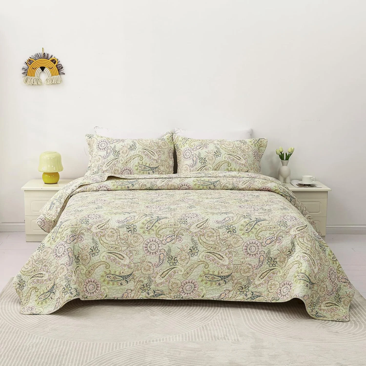 روتختی سه تکه طرح گل طلایی یوستاید، لحاف پنبه ای طرح دار دو رو