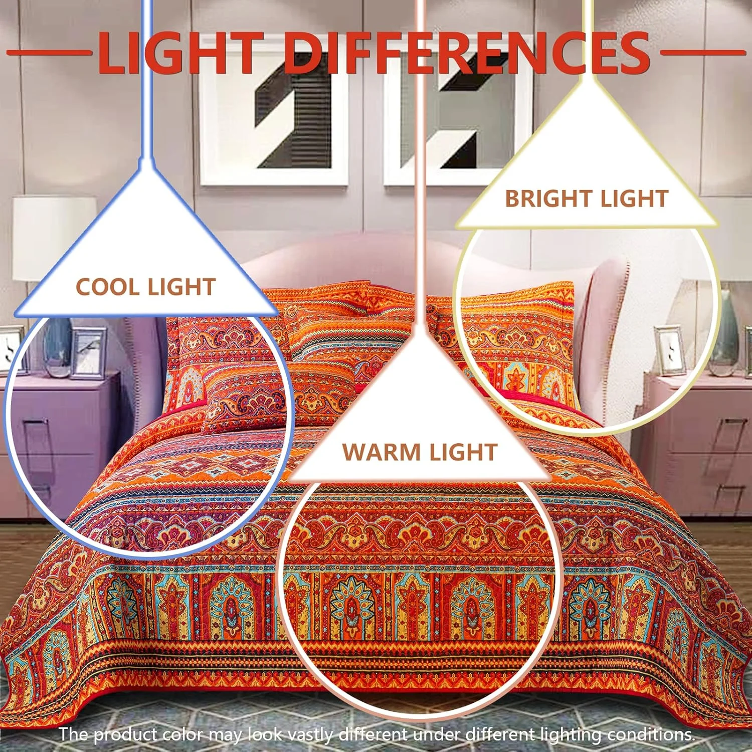 ست روتختی پنبه ای VAPUTAR سایز کوئین - ست روتختی کوئین 3 تکه، روتختی کوئین طرح بوهو، لحاف روتختی سبک وزن دو طرفه برای اتاق خواب خانه روستایی (قرمز/نارنجی)