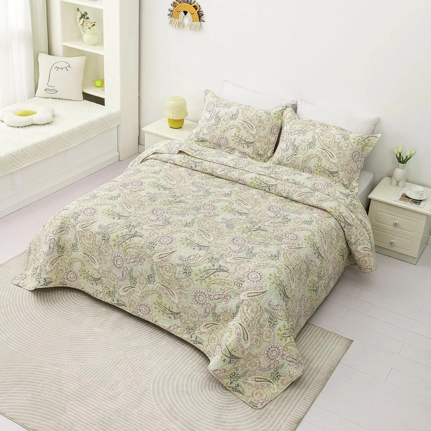روتختی سه تکه طرح گل طلایی یوستاید، لحاف پنبه ای طرح دار دو رو