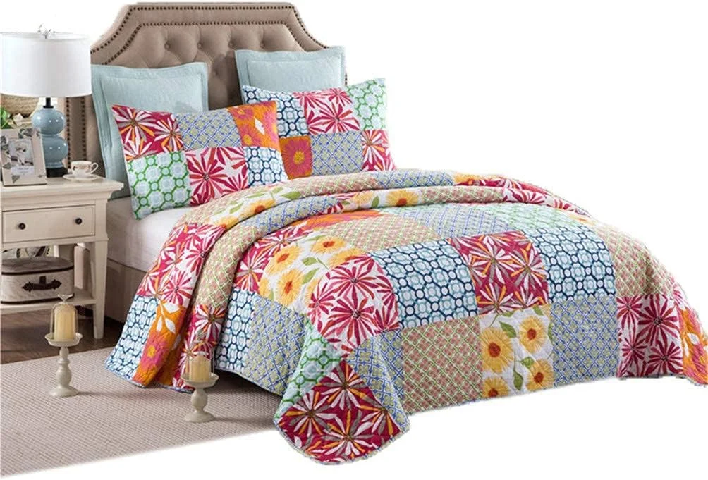 رو تختی لحاف دوزی شده طرح گلدار سنتی، ست روتختی 3 تکه با روکش میکروفایبر نرم و قابل برگشت مناسب تمام فصول، قابل شستشو، رنگارنگ، سایز 90×98 اینچ