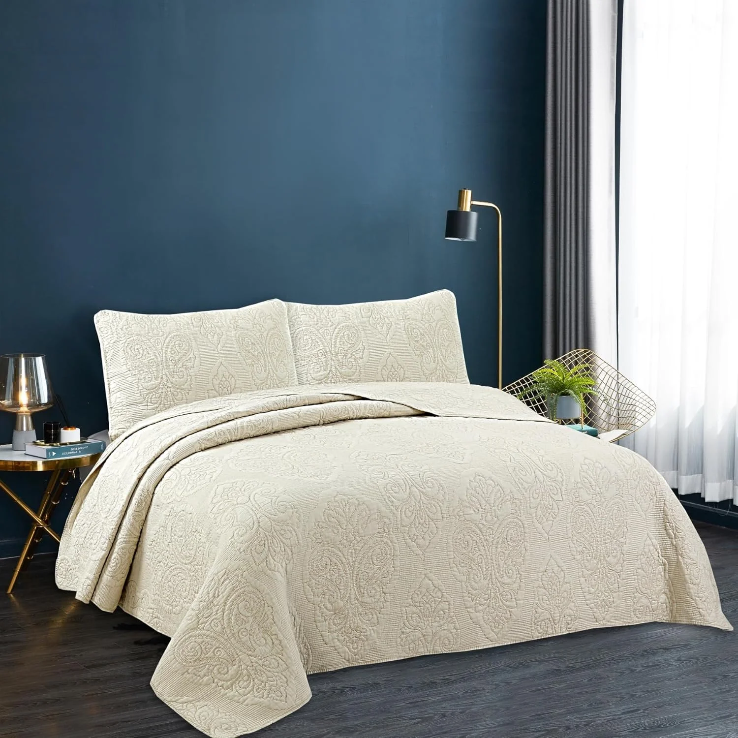 روتختی لحاف دوزی شده بژ طرح پیزلی یوستاید، 3 تکه، طرح گلدار کلاسیک و لوکس، سایز کینگ، ست ملحفه پنبه ای فوق العاده نرم به همراه 2 عدد رو بالشتی