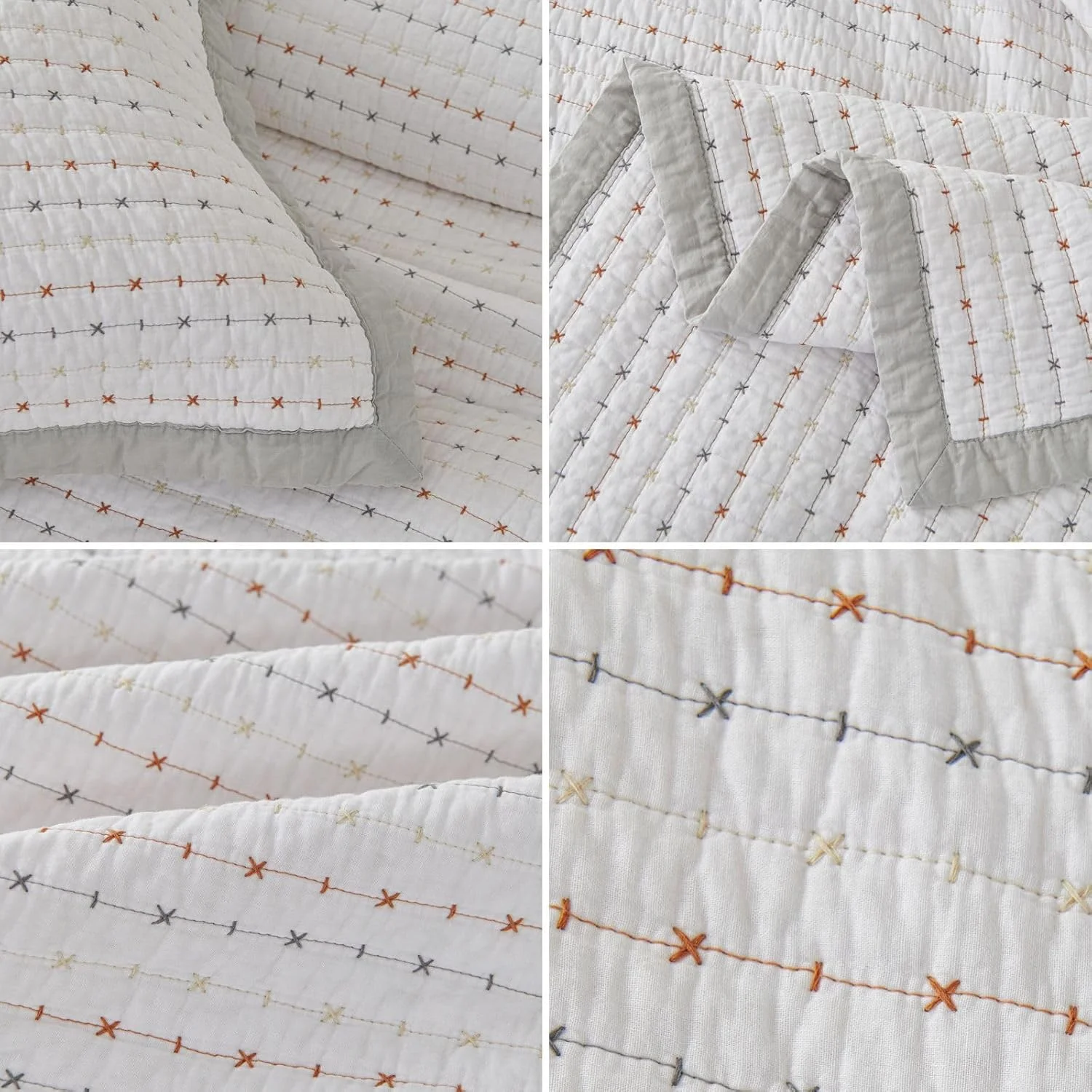 روتختی پنبه‌ای طرح‌دار vctops به همراه 2 روبالشتی، سایز کوئین، طرح راه‌راه گلدوزی شده، ست لحاف سبک و نرم مناسب خانه روستایی (سفید، کوئین)