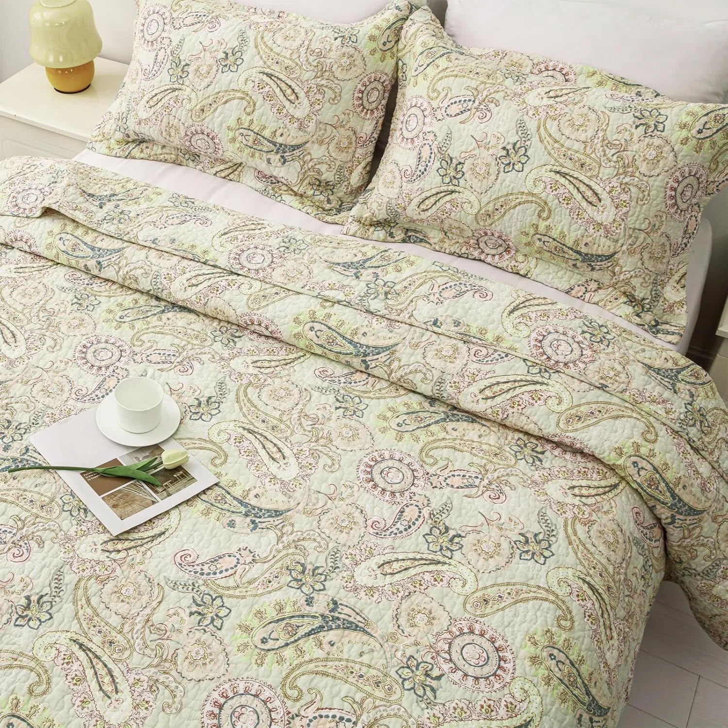 روتختی سه تکه طرح گل طلایی یوستاید، لحاف پنبه ای طرح دار دو رو