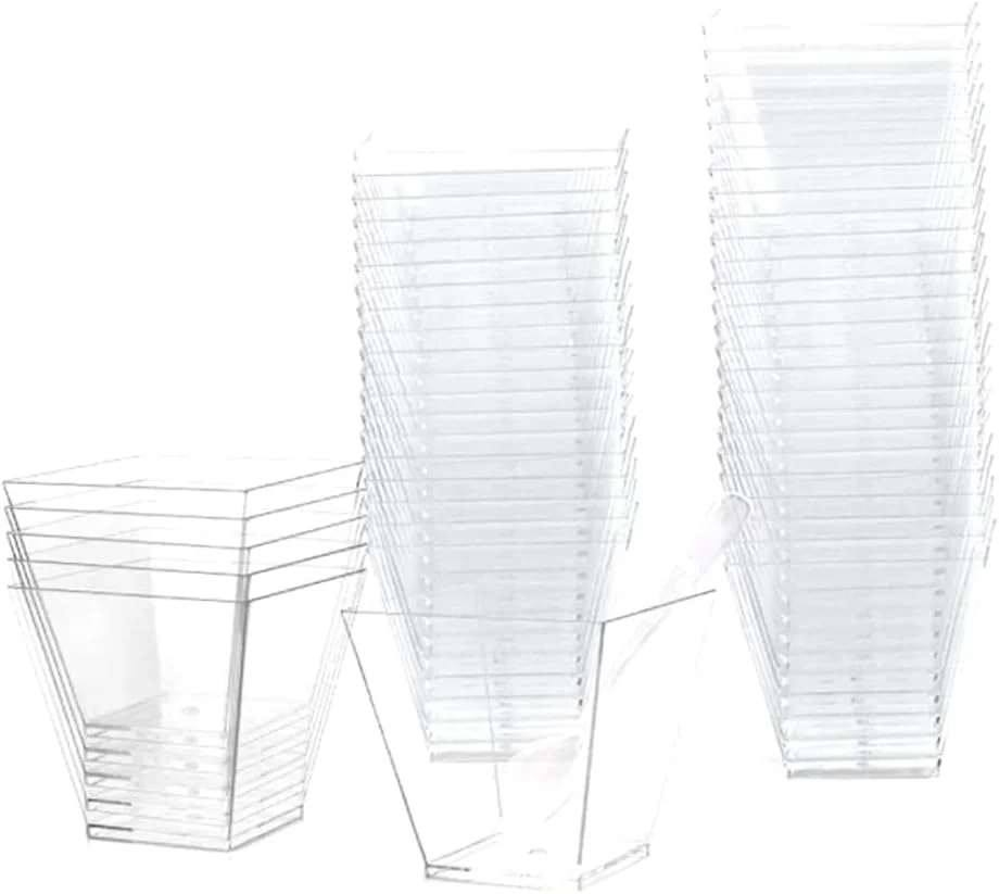 ظروف دسر، بسته 50 عددی ظروف دسر به همراه 50 قاشق، ست کاسه دسر 60 میلی لیتری، ظروف دسر پلاستیکی DIY، ظروف ذوزنقه ای قابل استفاده مجدد برای خانه، دسر، پیک نیک، مهمانی