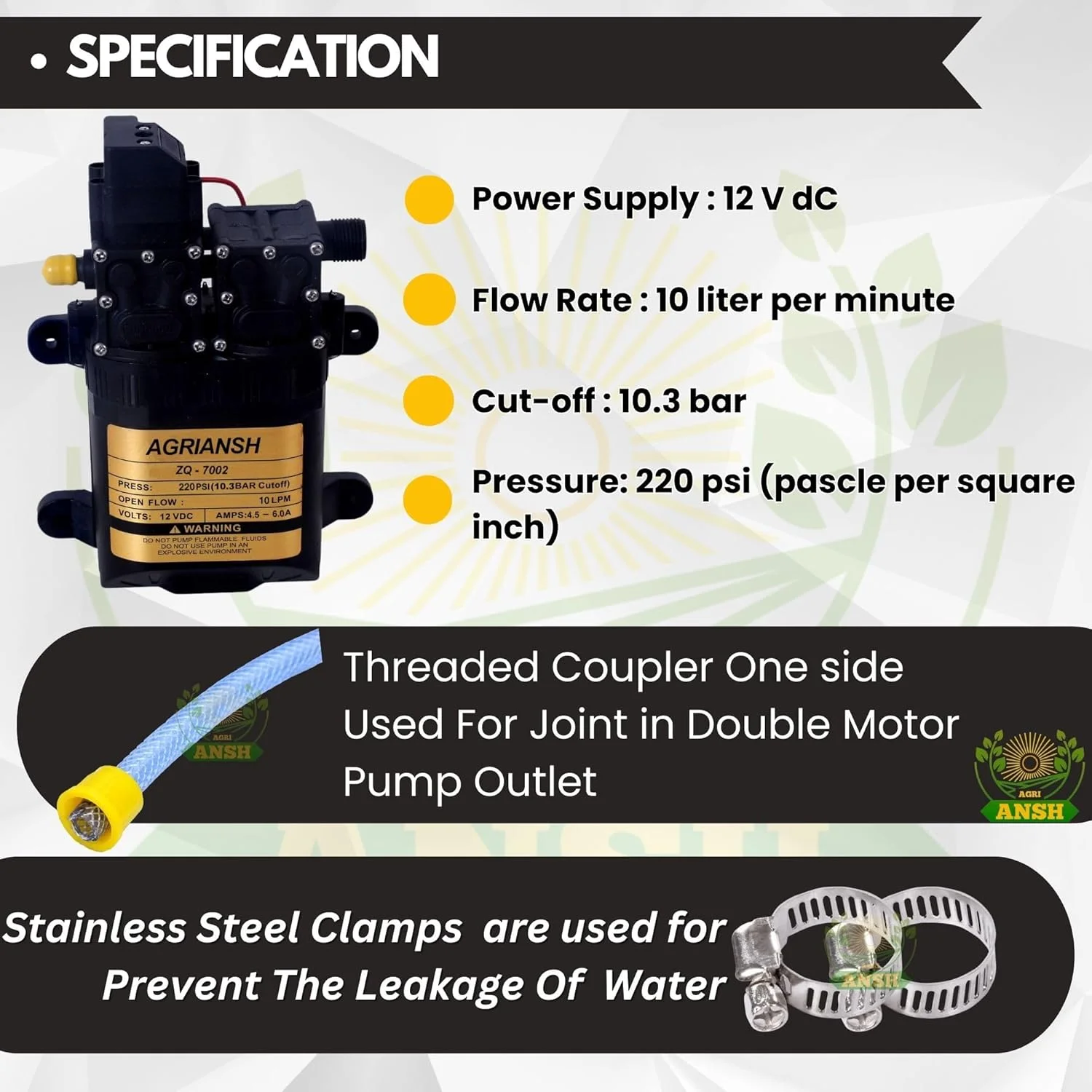 موتور سمپاش باتری پمپ آب 12 ولت DC آگریانش، دوگانه با عملکرد بالا 220 Psi، مورد استفاده برای سمپاشی کشاورزی، شستشوی ماشین و موتور، ضدعفونی کردن، تمیز کردن کولر، باغبانی، مشکی