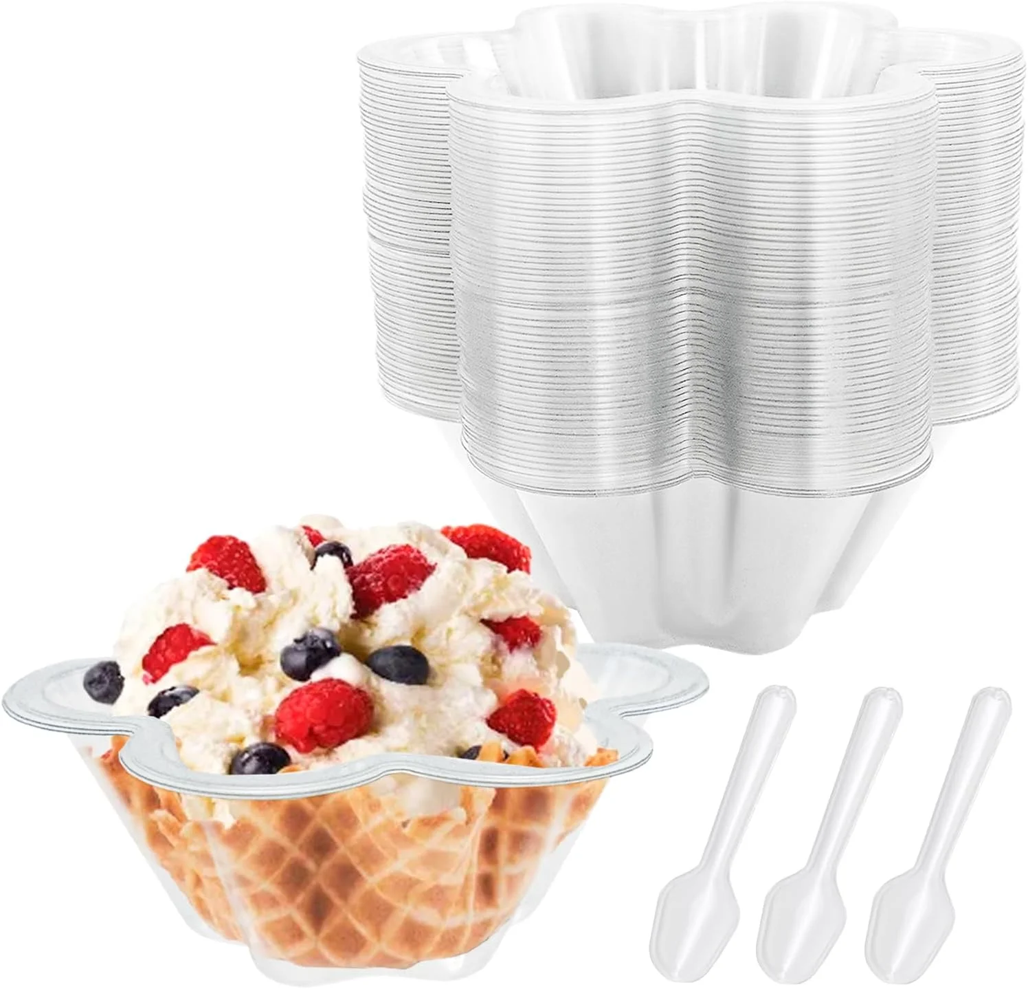 بسته 60 عددی لیوان دسر با قاشق، فنجان دسر 250 میلی لیتر پلاستیکی قابل استفاده مجدد با طرح گل، کاسه دسر شفاف برای موس، کیک، بستنی، ماست و پودینگ