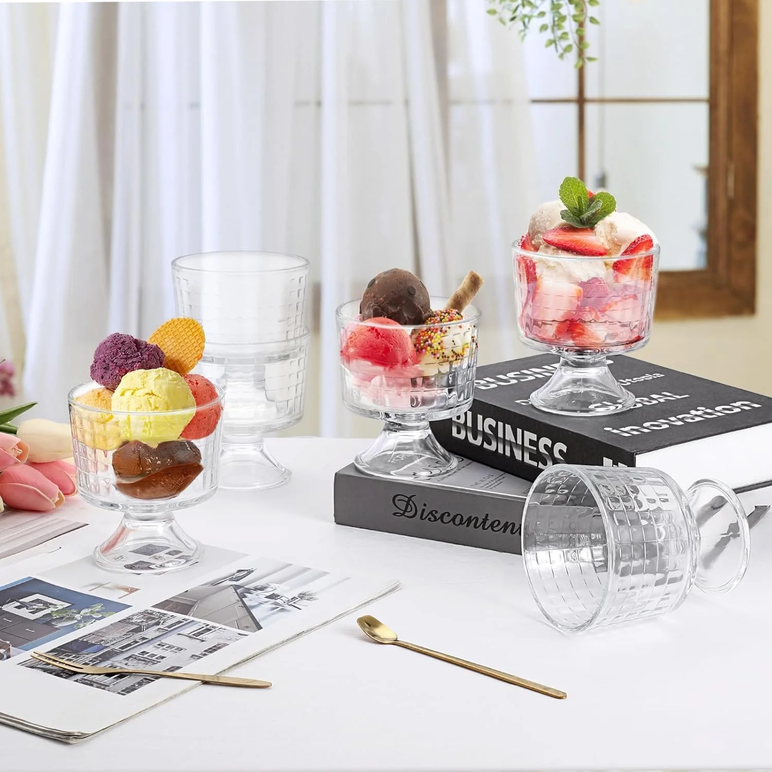 کاسه/فنجان دسر شیشه ای، کاسه دسر پایه دار زیبا 300 میلی لیتری برای بستنی، ترایفل، پودینگ میوه، سالاد میان وعده، میلک شیک، نوشیدنی های ساندا (بسته 6 عددی)