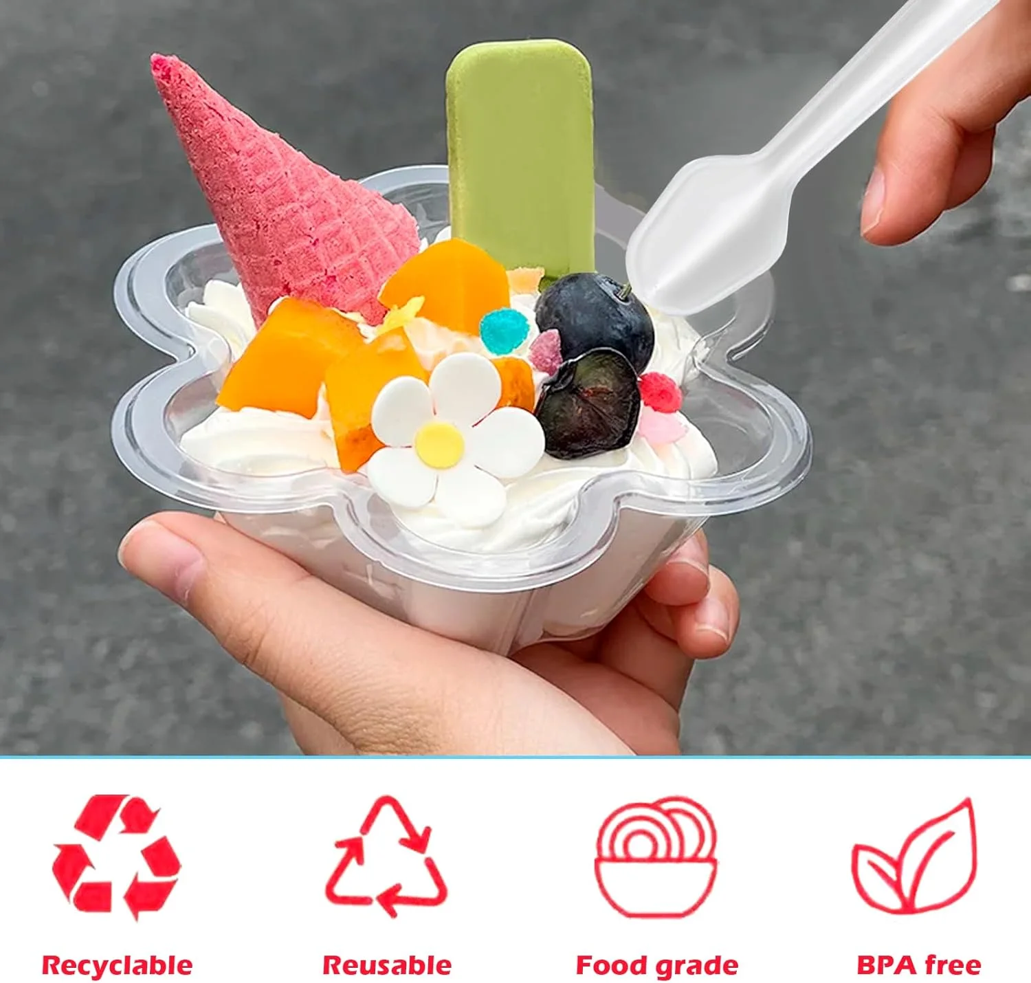 بسته 60 عددی لیوان دسر با قاشق، فنجان دسر 250 میلی لیتر پلاستیکی قابل استفاده مجدد با طرح گل، کاسه دسر شفاف برای موس، کیک، بستنی، ماست و پودینگ