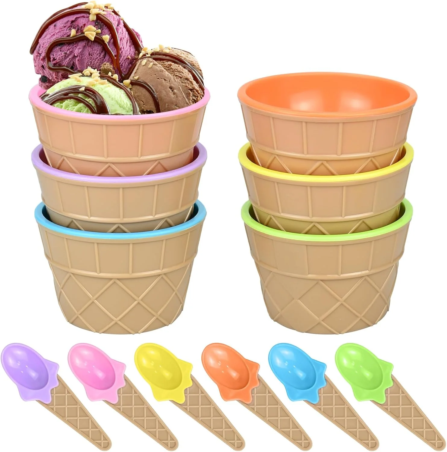 Set of 6 Ice Cream Dessert Bowls and Matching Spoons, Waffle Cup Shape Children's Bowls Set, Candy-Colored for Dessert, Salad, Fruit, Food