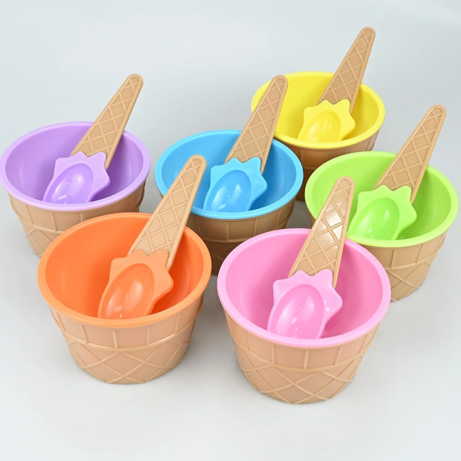 Set of 6 Ice Cream Dessert Bowls and Matching Spoons, Waffle Cup Shape Children's Bowls Set, Candy-Colored for Dessert, Salad, Fruit, Food