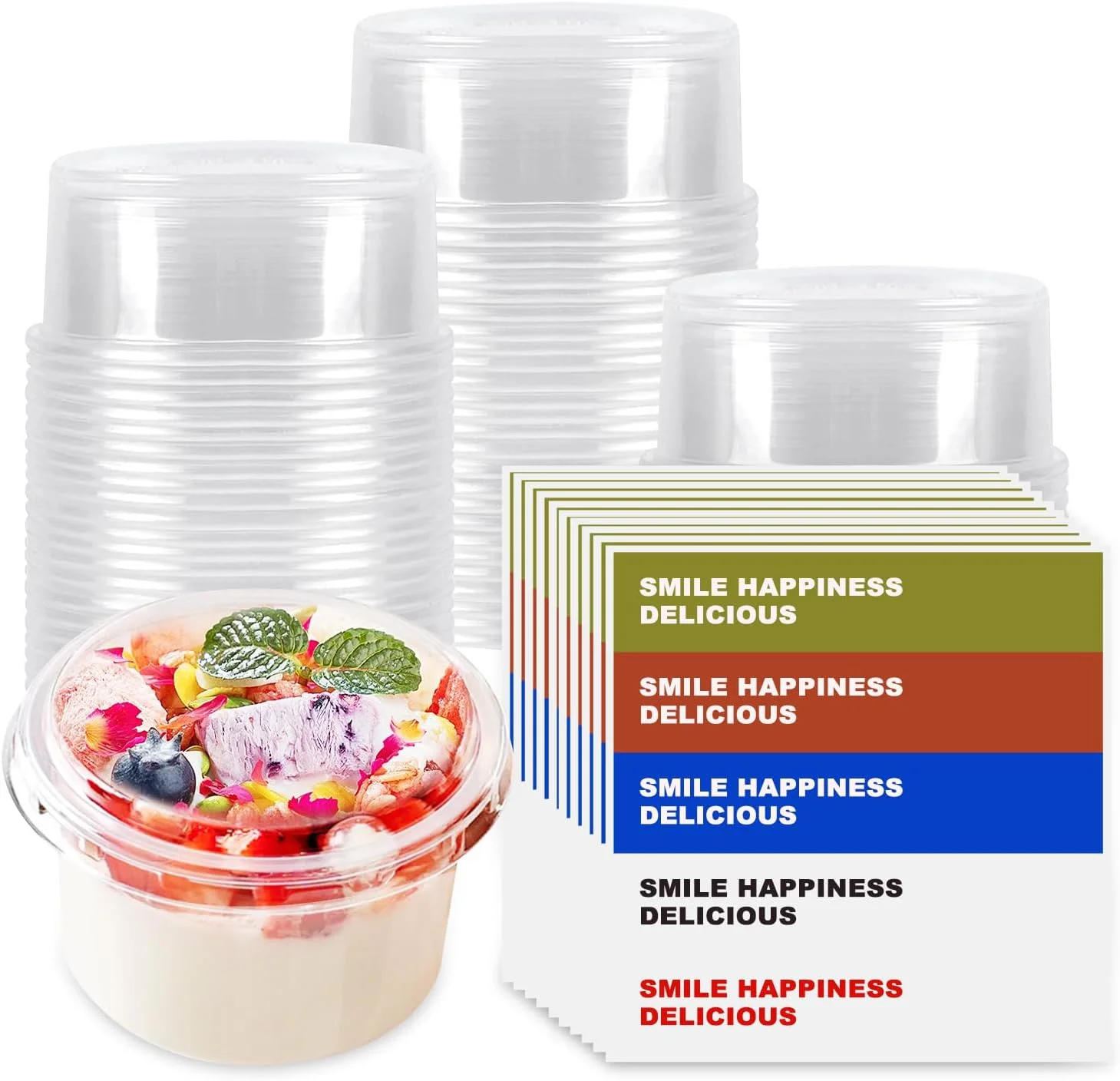 50 عدد فنجان دسر شفاف با درب و برچسب، کاسه های دسر چند منظوره سازگار با محیط زیست، فنجان های پلاستیکی با درب برای بستنی، کیک، پارفه، ژله، مهمانی و پذیرایی (150 میلی لیتر)