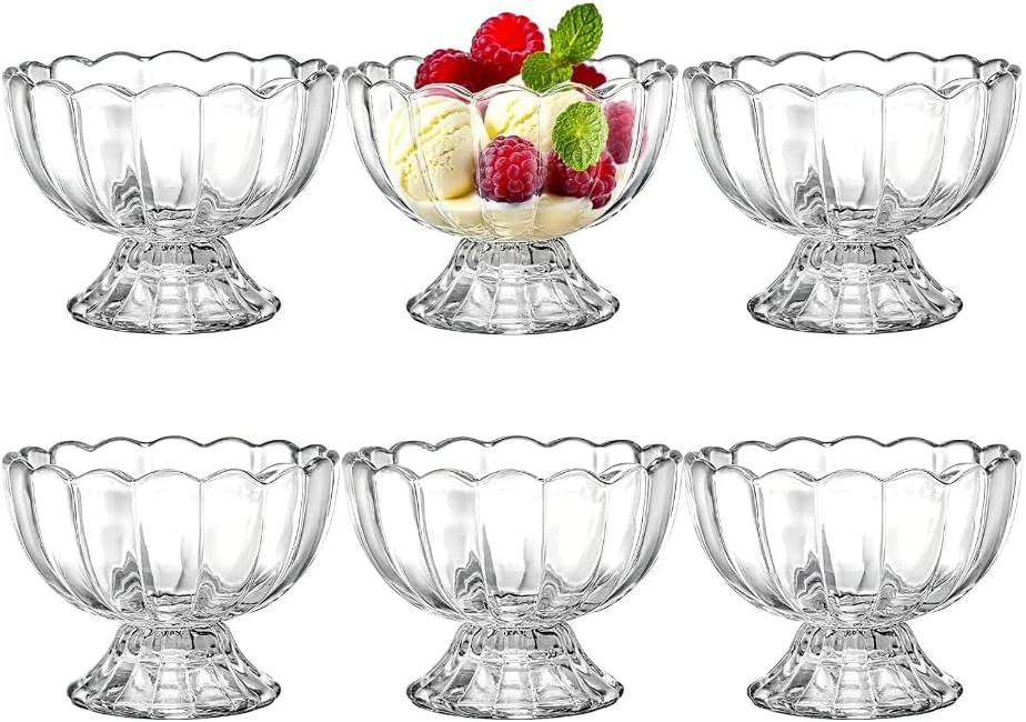 ست 6 عددی کاسه دسر شیشه ای 150 میلی لیتری با پایه، مناسب بستنی، سالاد میوه، کوکتل، چاشنی و تنقلات - ست ظروف سرو شیک