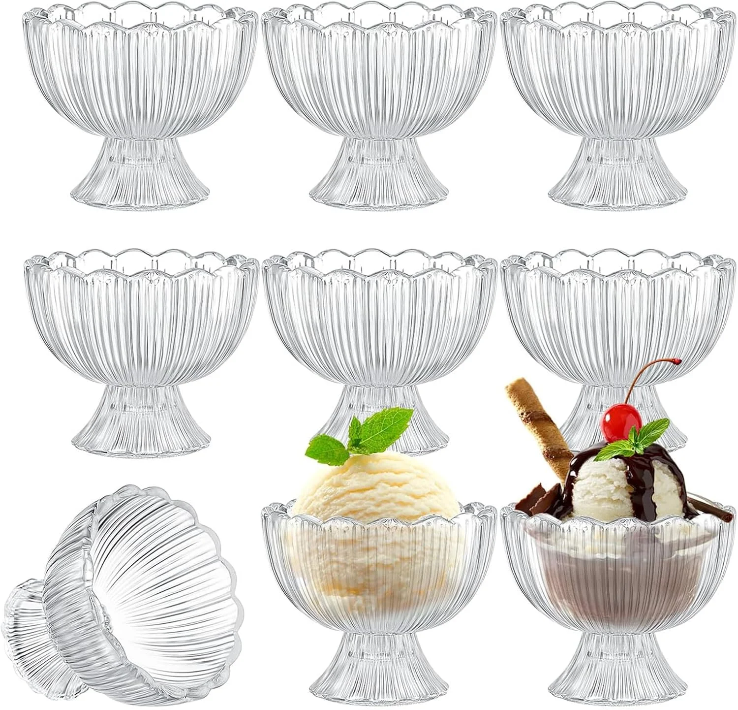 ظروف بستنی، ظروف دسر شیشه ای 150 میلی لیتری پایه دار، فنجان های دسر شفاف برای سالاد میوه، میلک شیک، بستنی، تنقلات، چاشنی، مهمانی، 9 عدد
