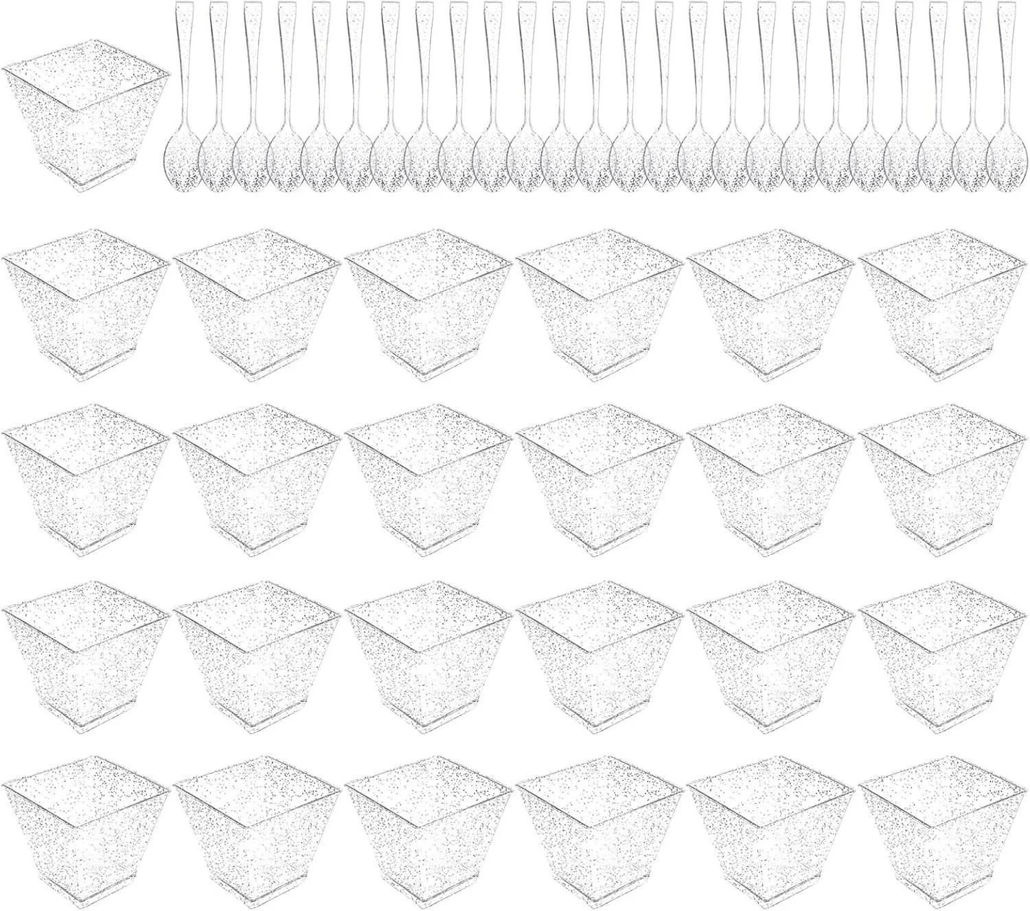 ظروف دسر مینی با قاشق | ظروف دسر مربعی کریستالی، کاسه دسر اکلیلی طلایی نقره ای برای دسر مهمانی، پیش غذا، میوه، پارفه، ترایفل، موس، پودینگ