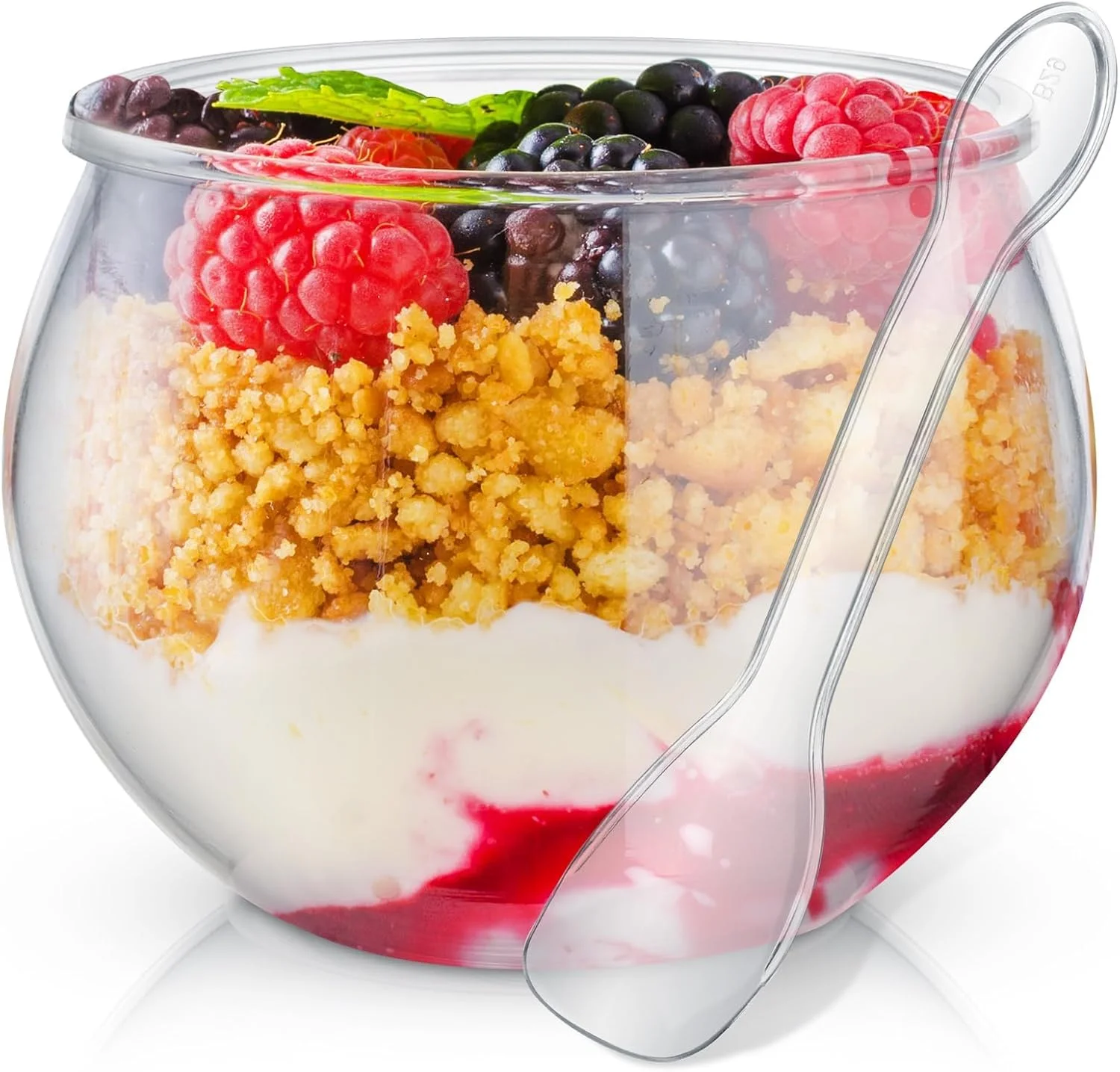 ظروف دسر مینی با قاشق، ظروف پیش غذای پلاستیکی شفاف، کاسه های دسر گرد مینی، کاسه های سالاد بستنی یکبار مصرف برای سرو، عروسی، تولد، کیک، 50 ست 77 میلی لیتر