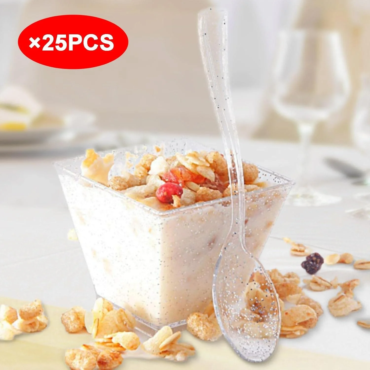 ظروف دسر مینی با قاشق | ظروف دسر مربعی کریستالی، کاسه دسر اکلیلی طلایی نقره ای برای دسر مهمانی، پیش غذا، میوه، پارفه، ترایفل، موس، پودینگ