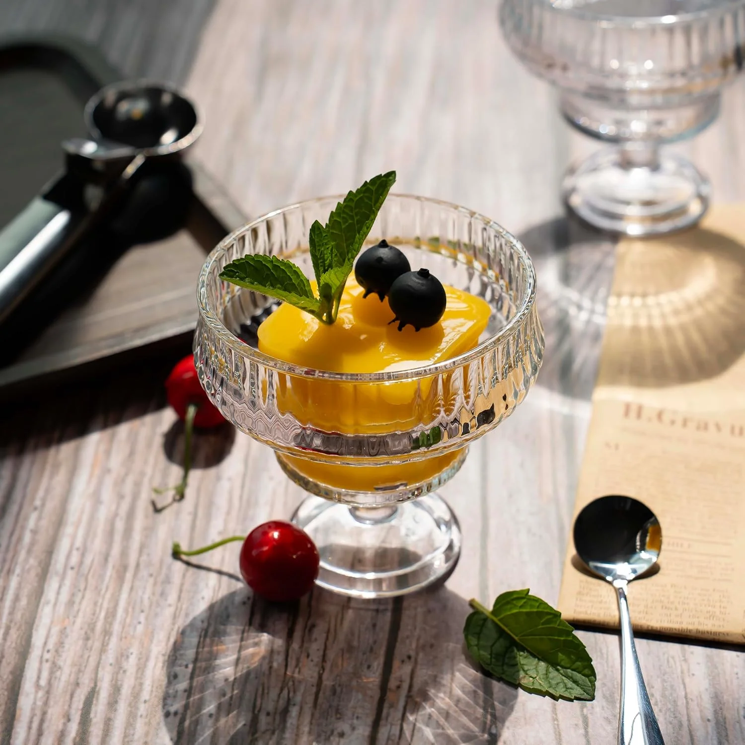 ست کاسه و قاشق دسر بستنی، کاسه میوه شیشه ای کریستالی 300 میلی لیتری برای بستنی، سالاد، میان وعده، میلک شیک، چاشنی، کاسه پایه دار شربت، لیوان های پارفه، فنجان های تزئینی کوکتل میگو (12 تکه)