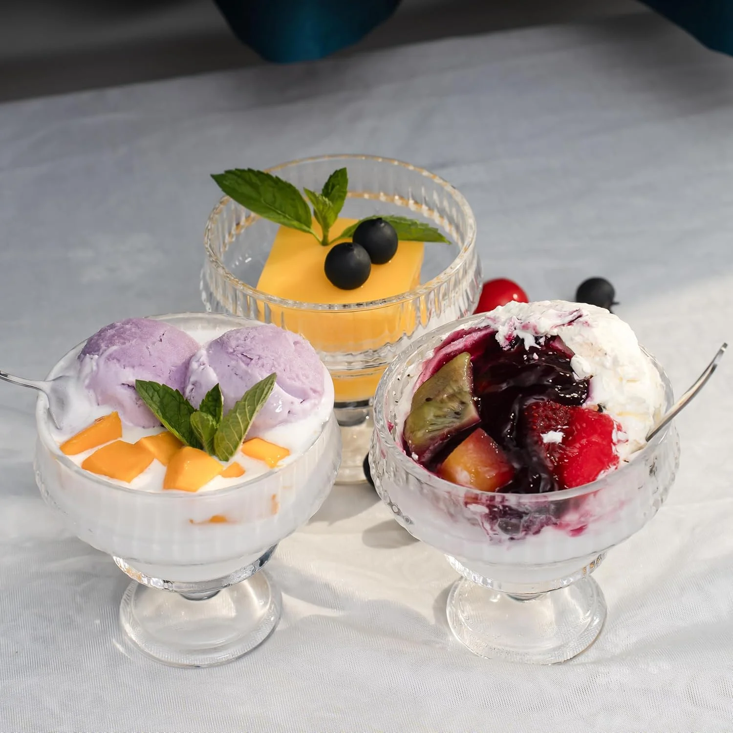 ست کاسه و قاشق دسر بستنی، کاسه میوه شیشه ای کریستالی 300 میلی لیتری برای بستنی، سالاد، میان وعده، میلک شیک، چاشنی، کاسه پایه دار شربت، لیوان های پارفه، فنجان های تزئینی کوکتل میگو (12 تکه)