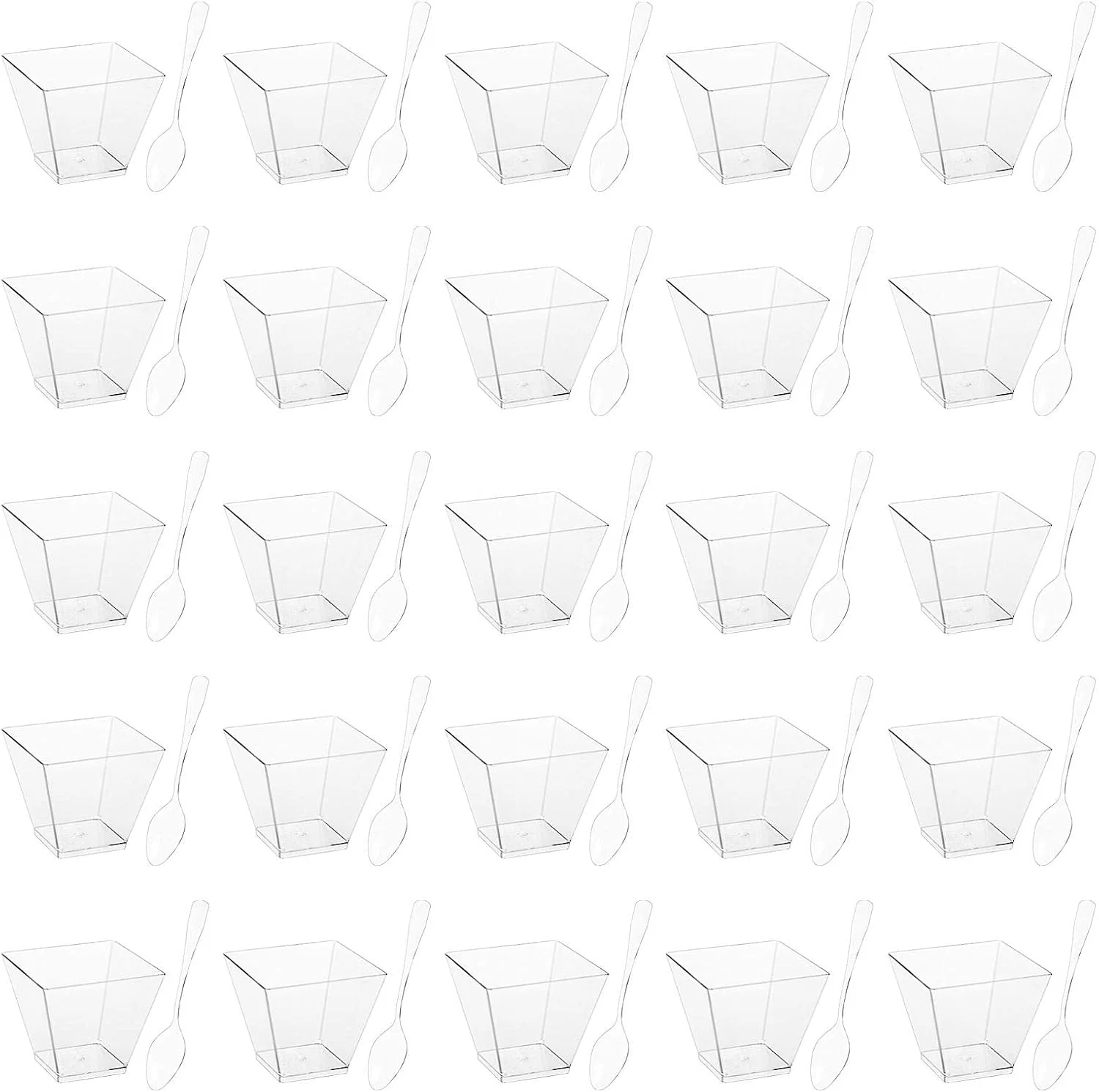 ظروف دسر به همراه قاشق - ظروف پیش غذای شفاف مربعی - کاسه دسر اکلیلی طلایی نقره ای برای دسرهای مهمانی، پیش غذاها، پارفه میوه، ترایفل، موس، پودینگ