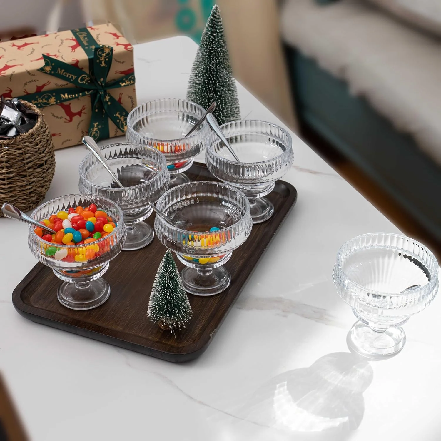 ست کاسه و قاشق دسر بستنی، کاسه میوه شیشه ای کریستالی 300 میلی لیتری برای بستنی، سالاد، میان وعده، میلک شیک، چاشنی، کاسه پایه دار شربت، لیوان های پارفه، فنجان های تزئینی کوکتل میگو (12 تکه)