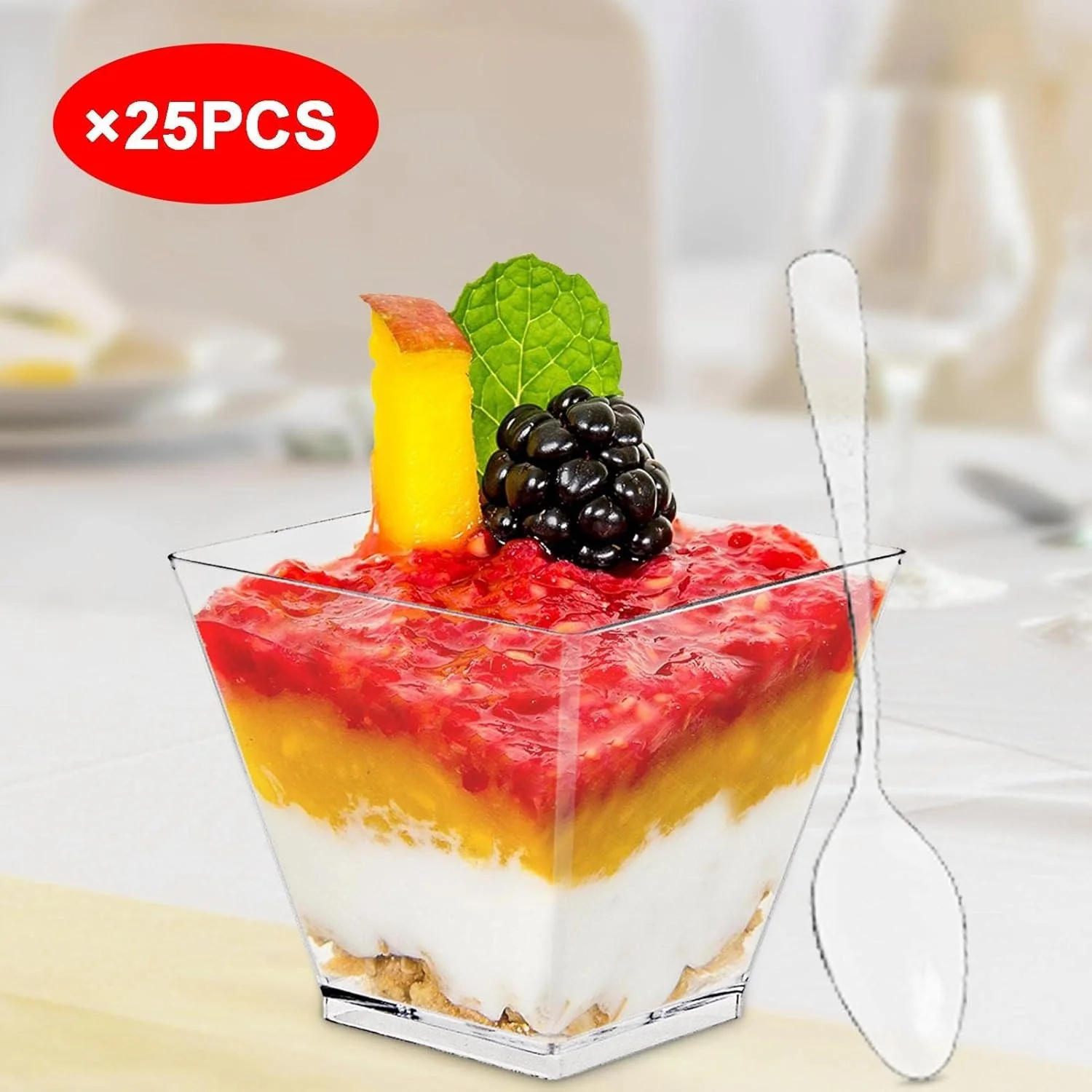 ظروف دسر به همراه قاشق - ظروف پیش غذای شفاف مربعی - کاسه دسر اکلیلی طلایی نقره ای برای دسرهای مهمانی، پیش غذاها، پارفه میوه، ترایفل، موس، پودینگ ظروف دسر به همراه قاشق - ظروف پیش غذای شفاف مربعی - کاسه دسر اکلیلی طلایی نقره ای برای دسرهای مهمانی، پیش غذاها، پارفه میوه، ترایفل، موس، پودینگ