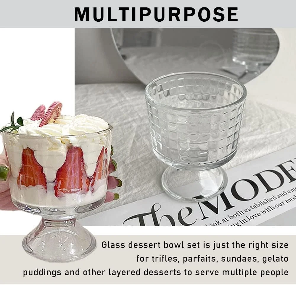 ظروف دسر شیشه ای، فنجان های پایه دار شیشه ای تریفل 300 میلی لیتری، کاسه های بستنی شیشه ای قدیمی برای دسر، بستنی، سالاد میوه، اسنک، چاشنی کوکتل، 6 عدد