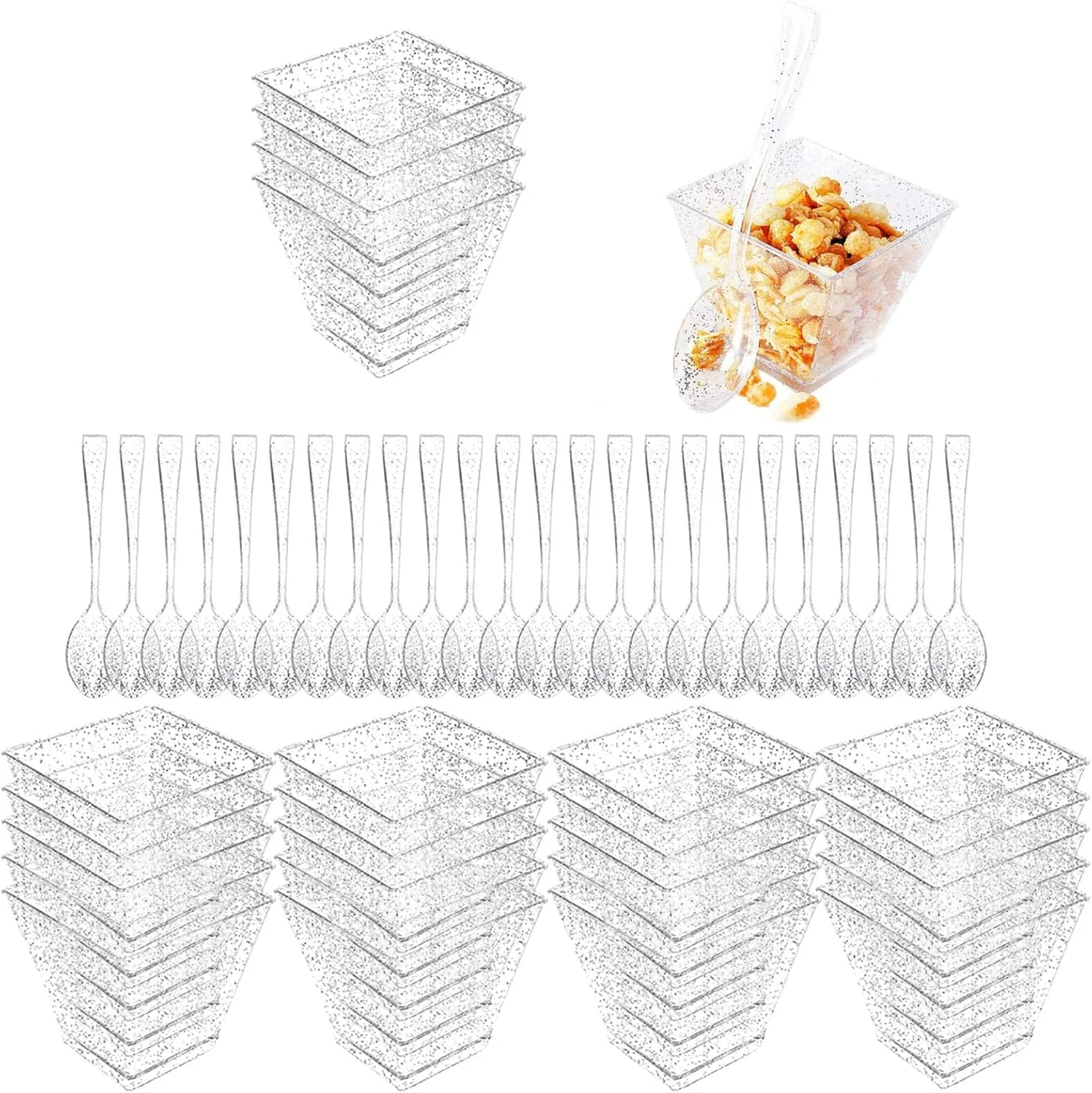 ظروف دسر مینی با قاشق | ظروف دسر مربعی کریستالی، کاسه دسر اکلیلی طلایی نقره ای برای دسر مهمانی، پیش غذا، میوه، پارفه، ترایفل، موس، پودینگ