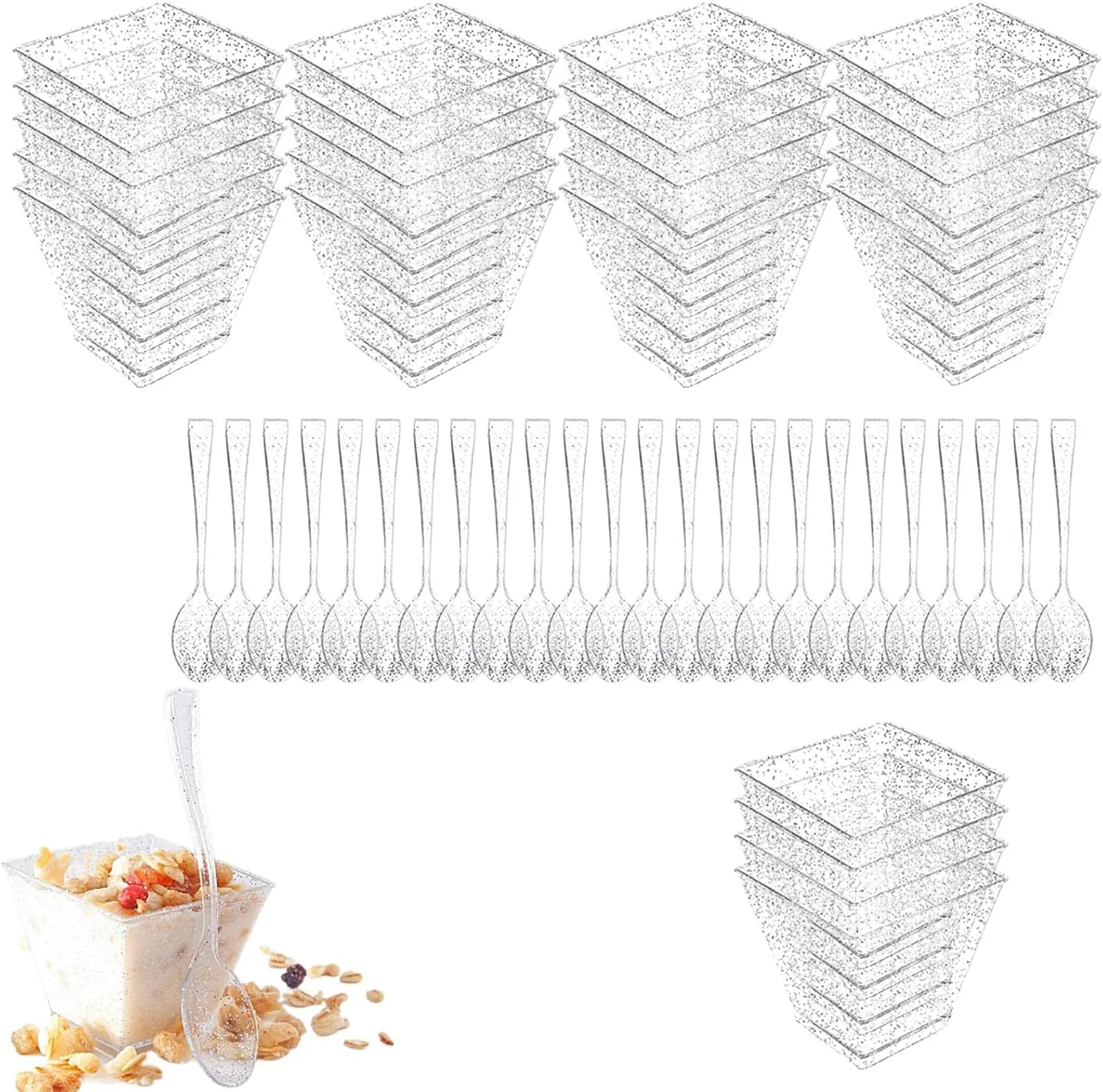 ظروف دسر مینی با قاشق | ظروف دسر مربعی کریستالی، کاسه دسر اکلیلی طلایی نقره ای برای دسر مهمانی، پیش غذا، میوه، پارفه، ترایفل، موس، پودینگ