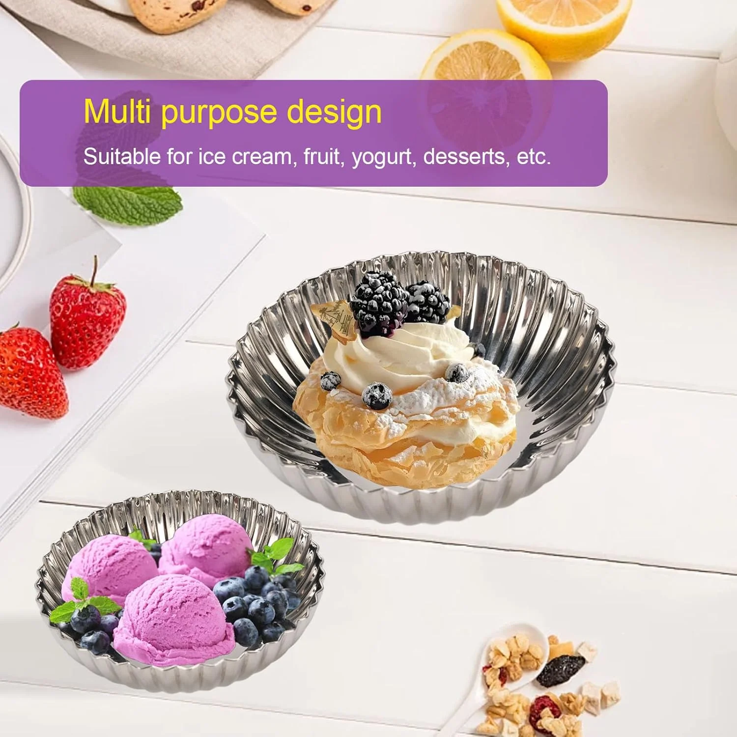 Depisuta Stainless Steel Ice Cream Bowl, Reusable Dessert Bowl Elegant Salad Dessert Holder for Salad Fruit Pudding Yogurt, Multi Functional Use (S 23 Inch)