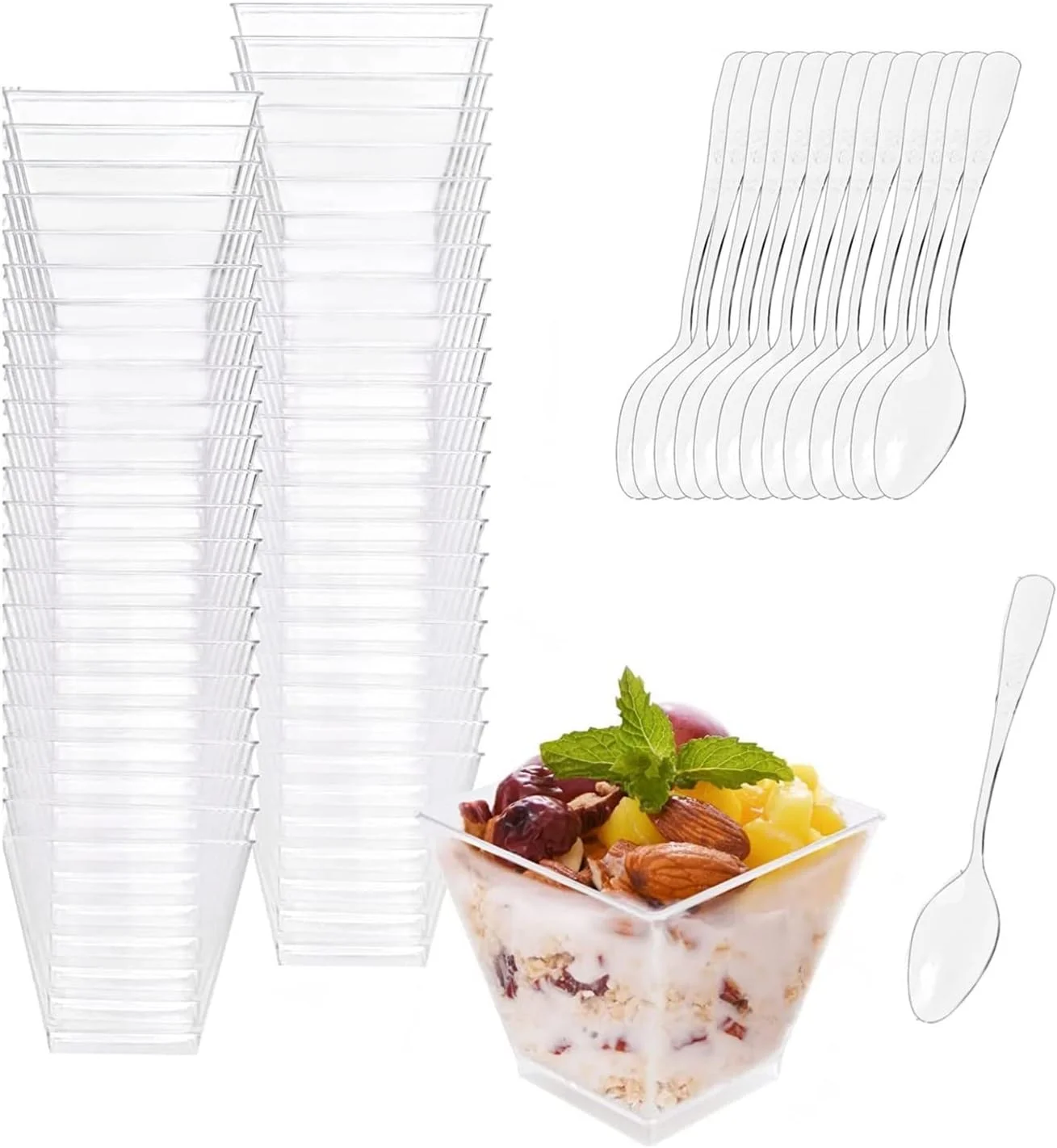 بسته 50 عددی مینی فنجان دسر، فنجان پیش غذای کوچک رستورانی قابل استفاده مجدد، کاسه دسر با قاشق برای خانه، مهمانی، هتل، ضیافت 2oz (50ml)