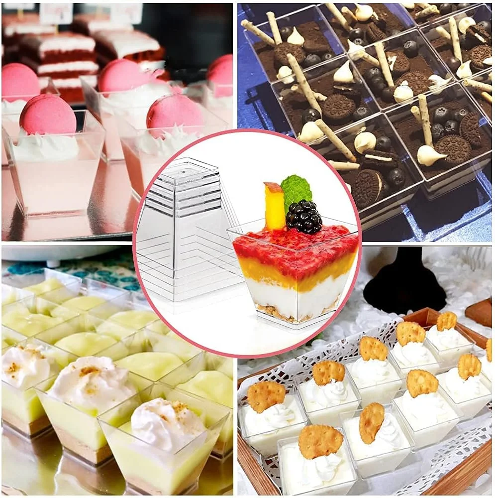 بسته 50 عددی مینی فنجان دسر، فنجان پیش غذای کوچک رستورانی قابل استفاده مجدد، کاسه دسر با قاشق برای خانه، مهمانی، هتل، ضیافت 2oz (50ml)